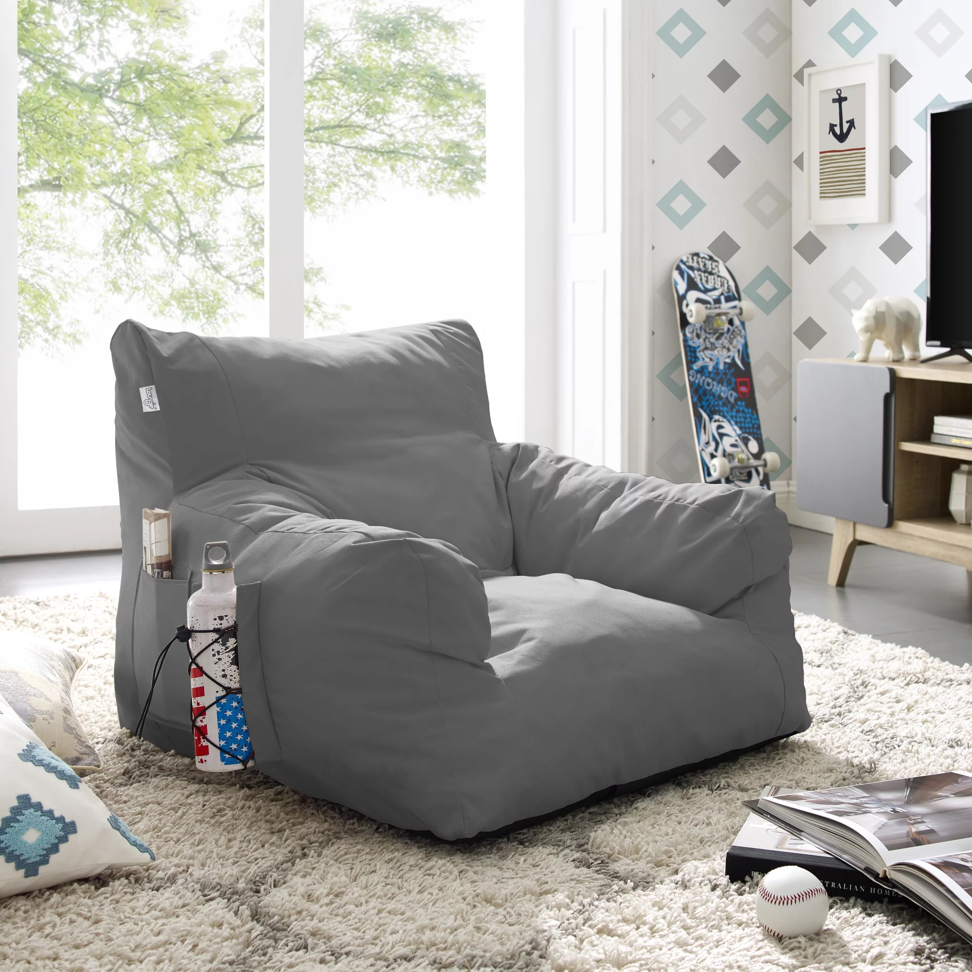 Loungie Comfy Foam Bean Bag Chair Nylon Indoor/ Outdoor Self Expanding Water Resistant Light Gray