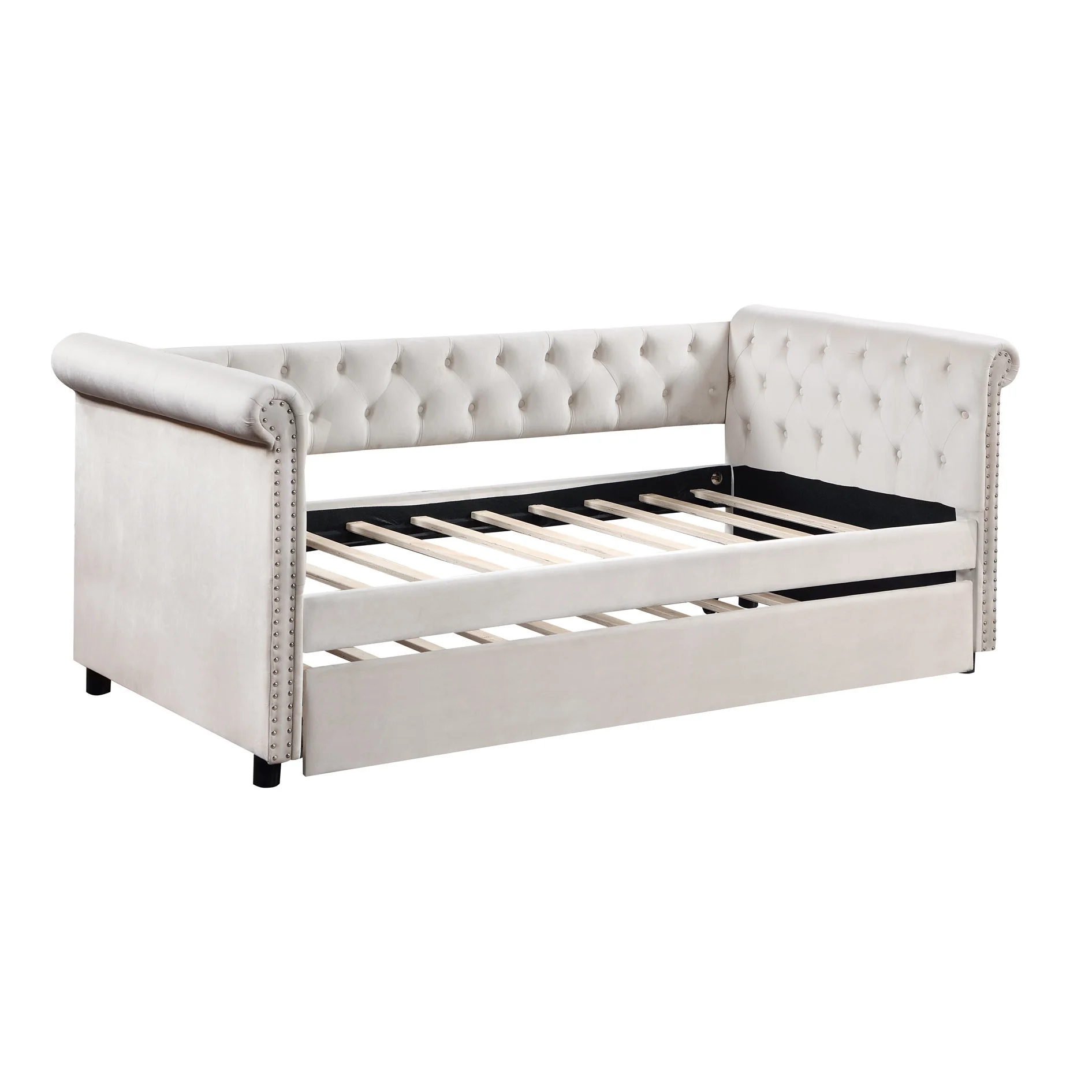 CoSoTower Daybed with Trundle Upholstered Tufted Sofa Bed, with Beautiful Round Armset Design, TWIN SIZE, Beige