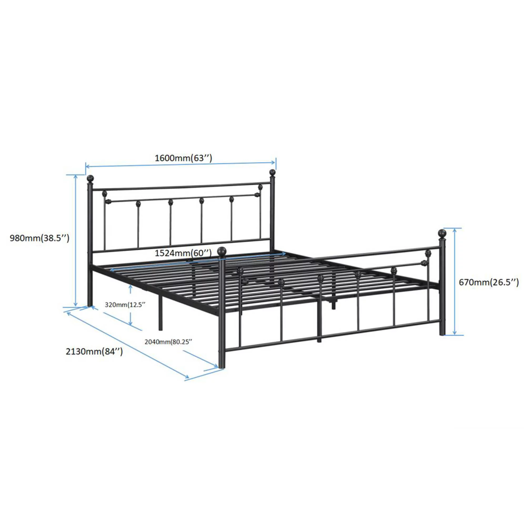 Queen Size Metal Bed Frame with Headboard and Footboard Black