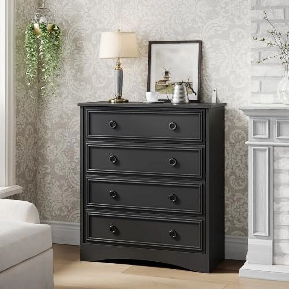 KHBIULIFE Modern 4 Drawer Dresser  Dressers for Bedroom  Tall Chest of Drawers Closet Organizers and  for Clothes - Easy Pull Handle  Textured Borders Drawers for Living Room  Hallway  Bl