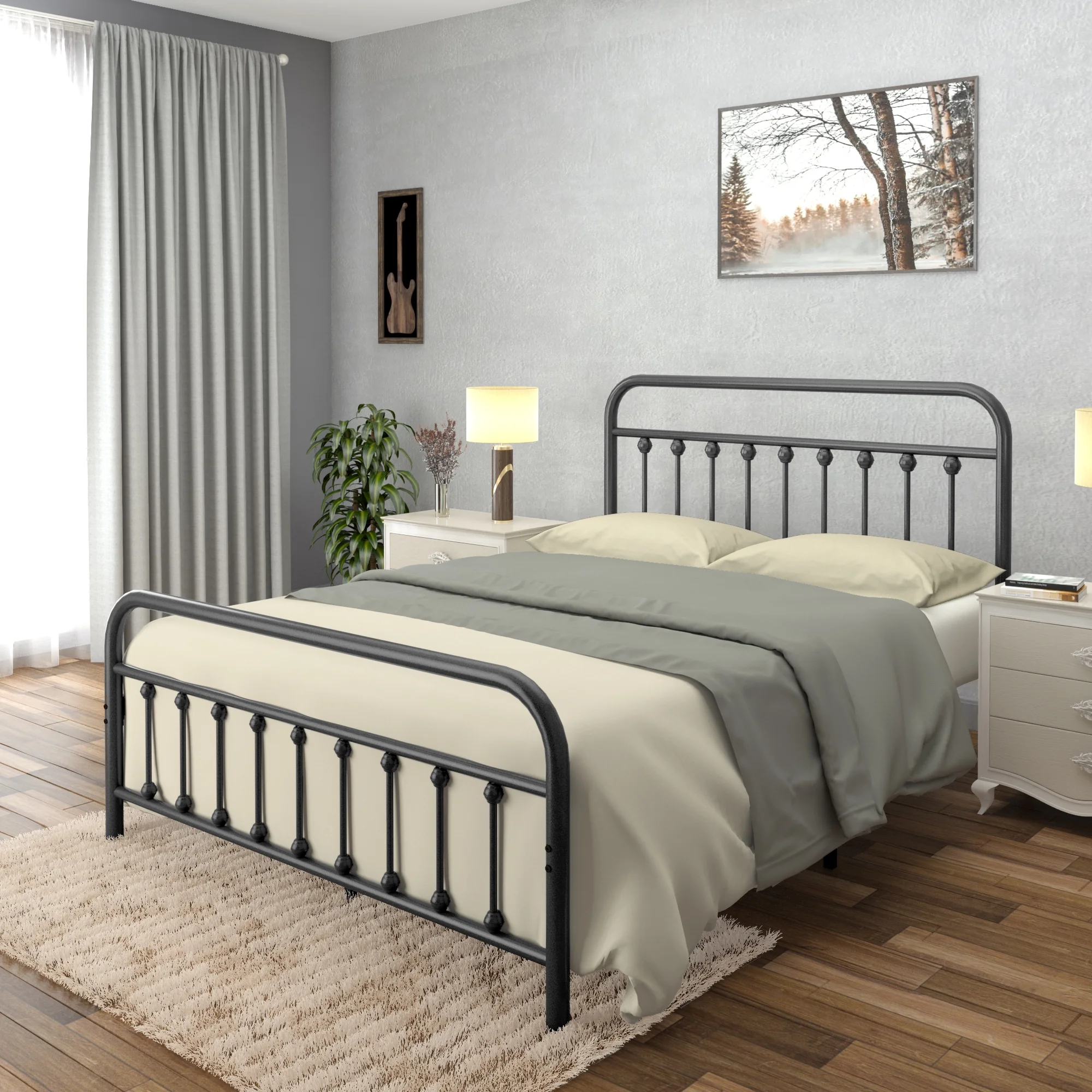 CastleBeds Vintage Queen Metal Bed Frame with Headboard and Footboard Platform | Wrought Iron | Heavy Duty | Solid Metal Slat | Textured Black | No Box Spring Needed | AMBEE21.