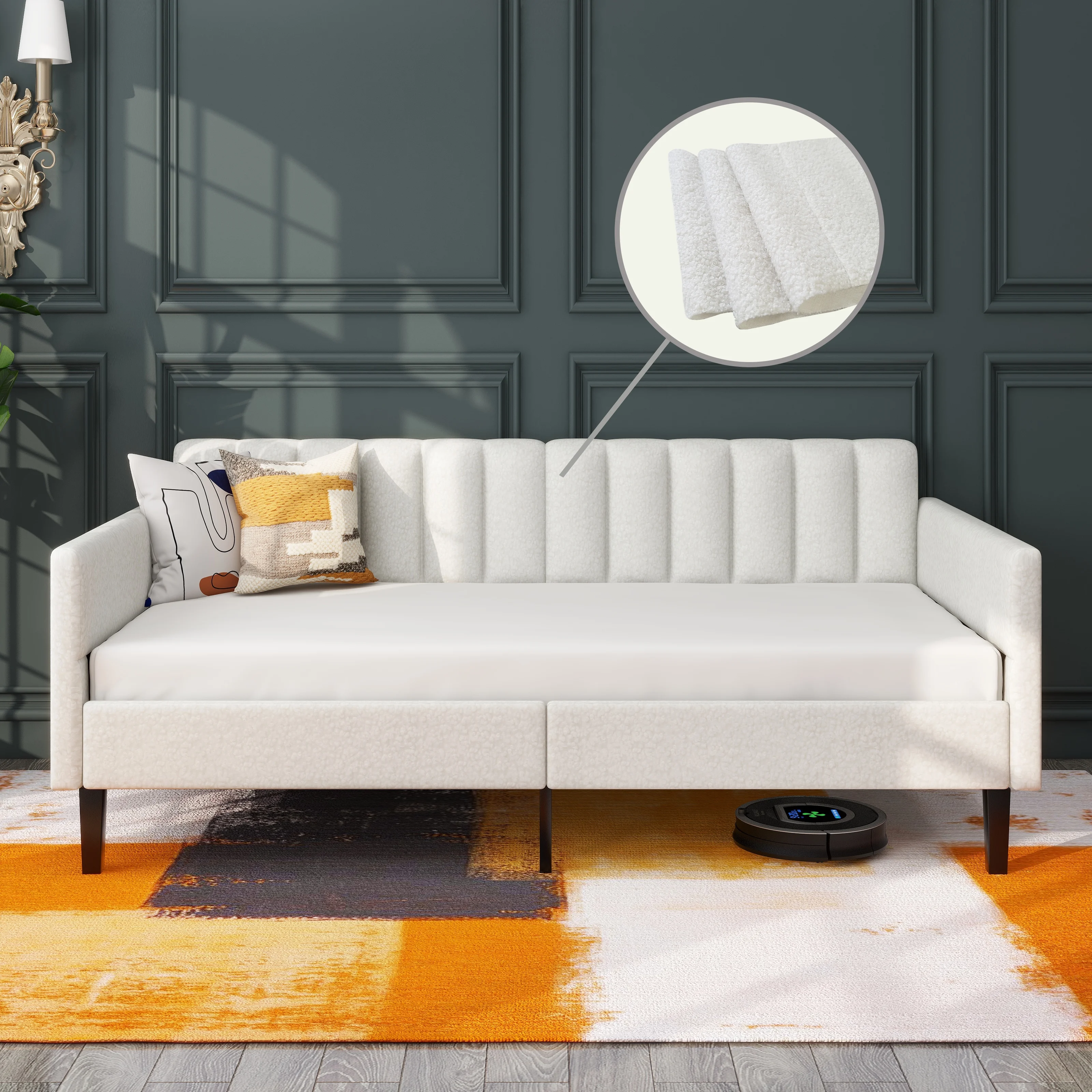 CoSoTower Twin Size Ivory Boucle Upholstered Daybed, Ribbed Tufted Backrest, Daybed in Lavish Modern Design, Richly Hued Foam Comfort