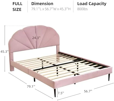 HBBOOMLIFE Pink Bed Frame Full Size  Aesthetic Upholstered Bed with Unique Seashell Headboard  Soft Velvet Platform Bed  Strong Wooden Slats Support  No Box Spring Needed  Heavy Duty  Eas