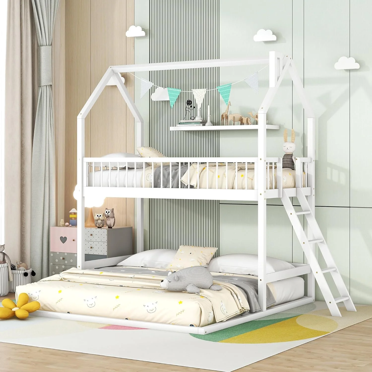 Over Bunk Bed For Kids, House Bunk Beds With Extending Trundle And Ladder, Wood Bunk Beds For Girls Boys, White
