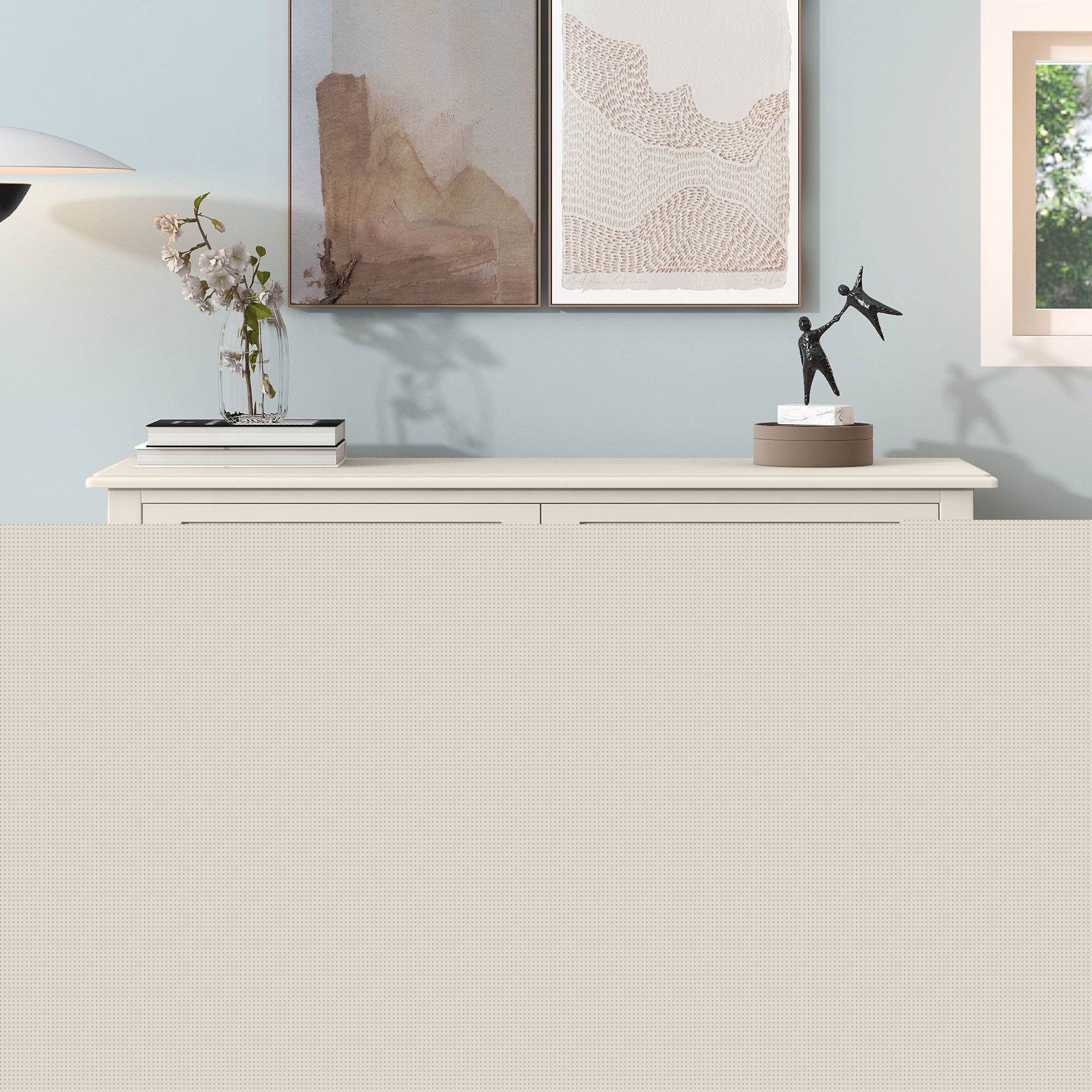 Milky White Rubber Wooden Dresser Six Large Drawers Silver Metal Handles for Living Room Guest Room Bedroom