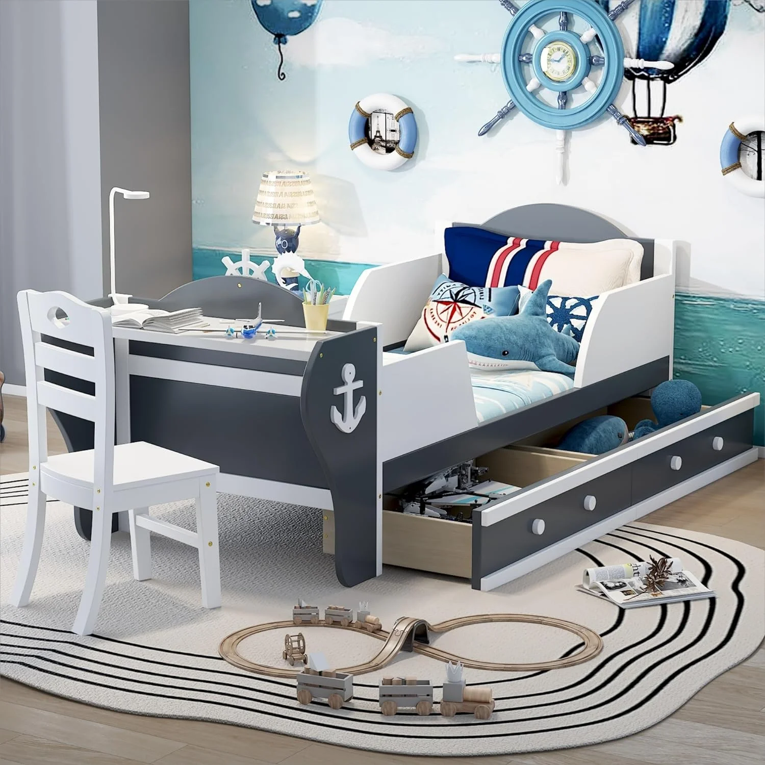 Size Boat-Shaped Platform Bed Frame For Boys Girls Kids Toddler With Two Drawers, Bed With Desk Ad Chair For Bedroom,White Gray