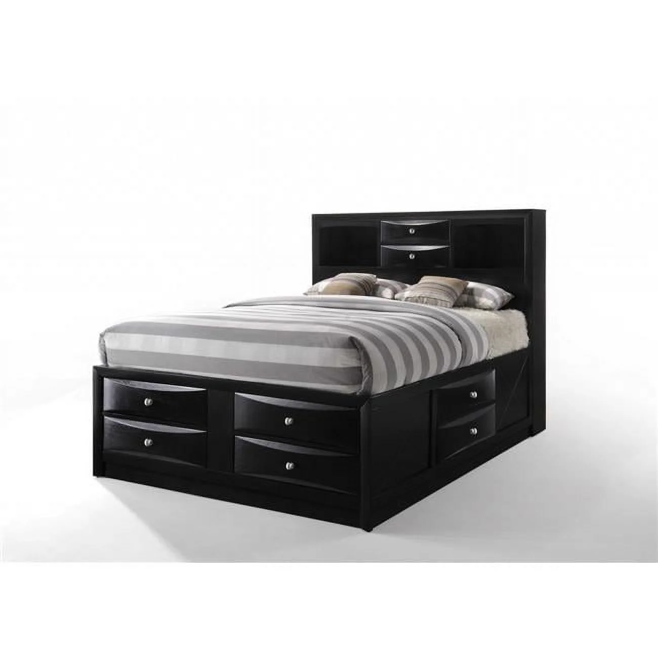 Black Multi-Drawer Queen Bed with Bookcase Headboard