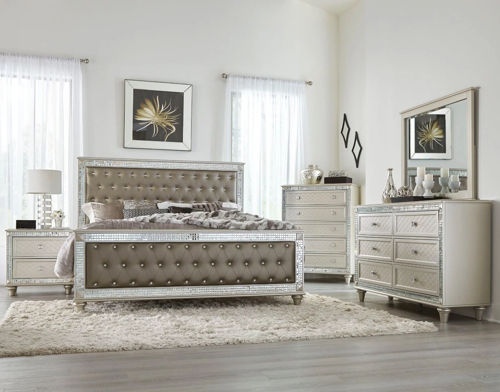 Modest Design Cal-King Bed 5pc Bedroom Set Champagne Finish Tufted Bed Dresser Nightstand Mirror Chest Acrylic Crystal Tufting