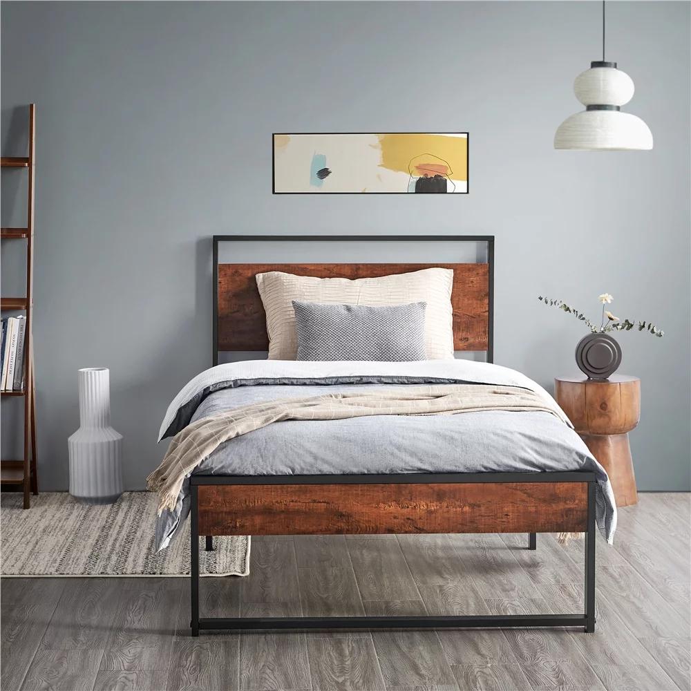 Yaheetech Rustic Platform Bed with Wooden Headboard and Footboard, Twin Size, Mahogany