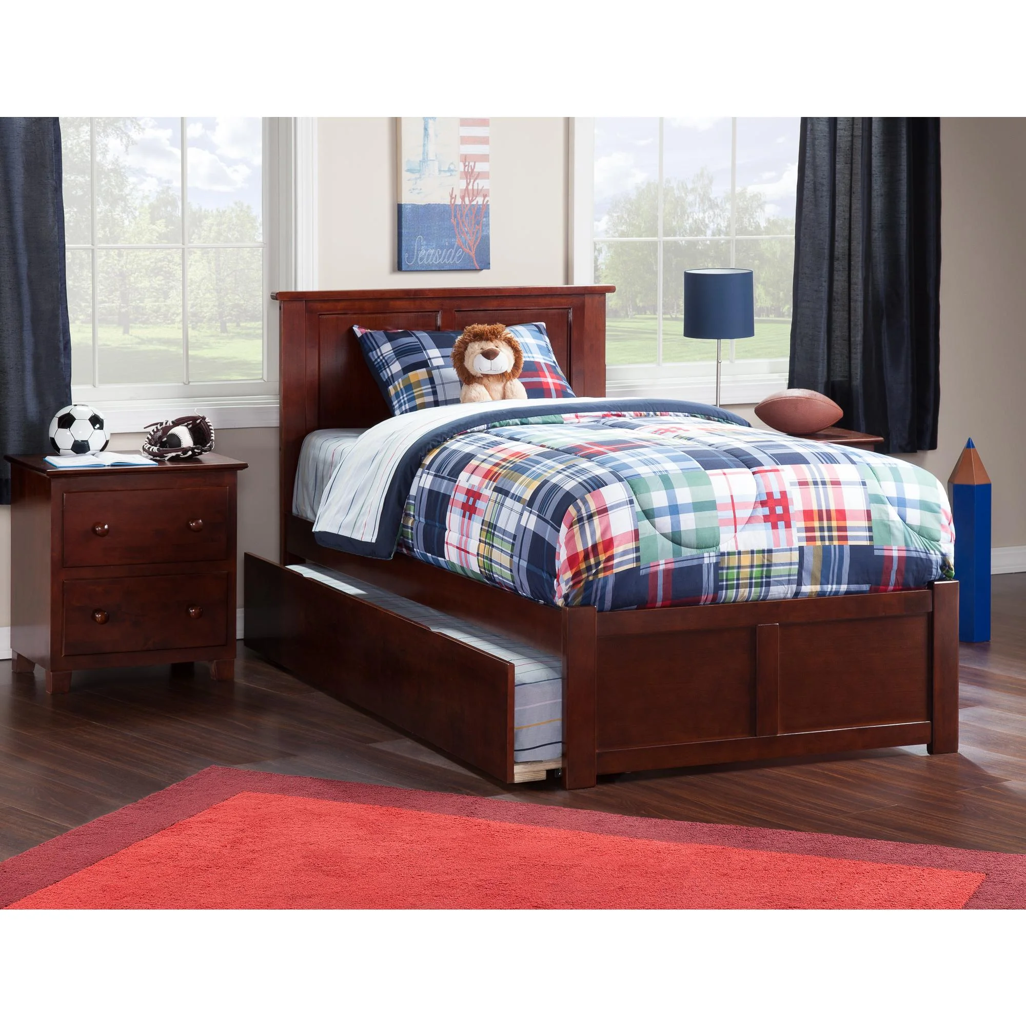 Madison Platform Bed with Flat Panel Foot Board and Twin Size Urban Trundle Bed in Multiple Colors and Sizes