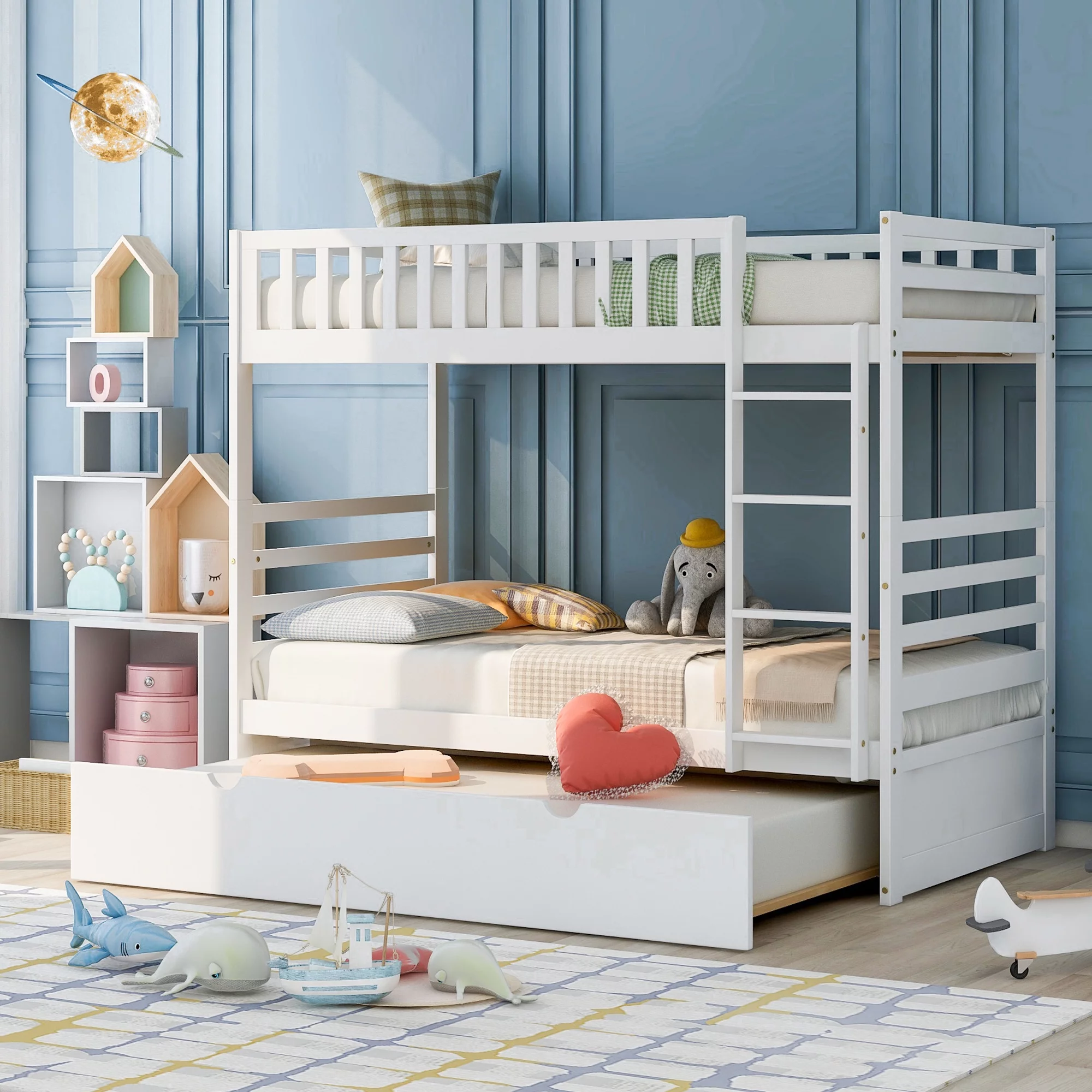 Momspeace Twin Bunk Bed with Safety Rail and Trundle for Kids Bedroom Soild Wood Furniture, White