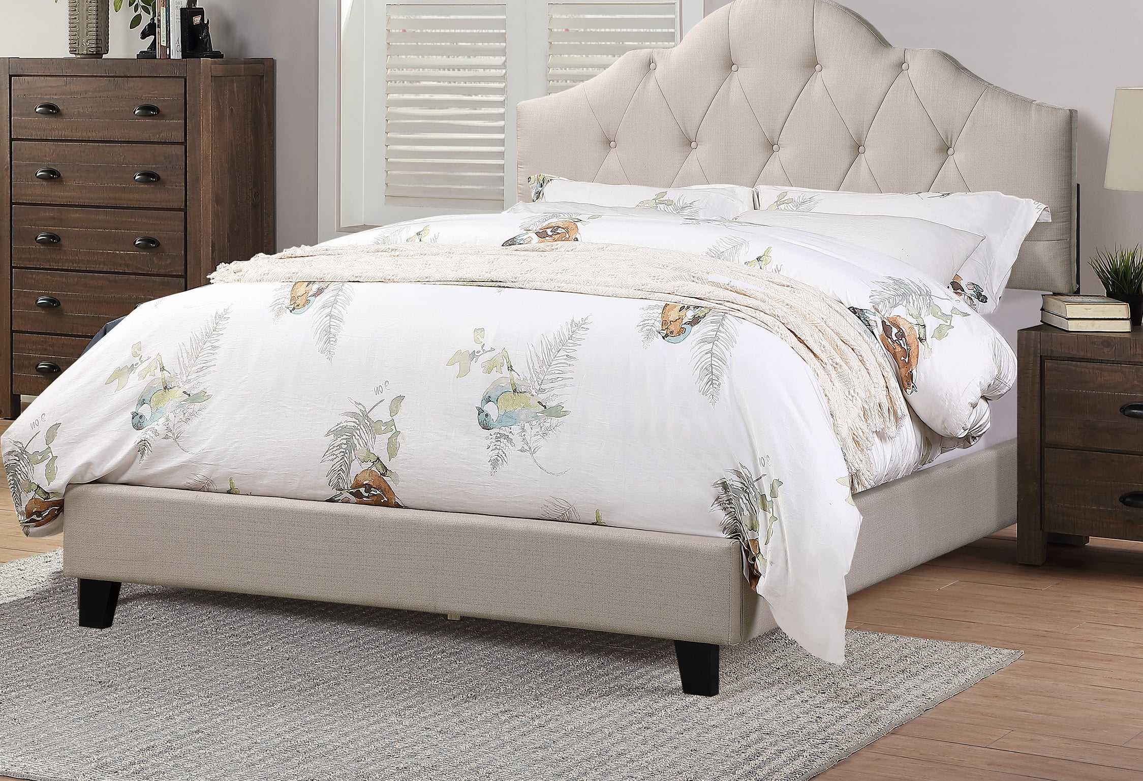 1pc Bed Eastern King Size Bedroom Furniture Beige Polyfiber Tufted Adjustable HB Solid wood