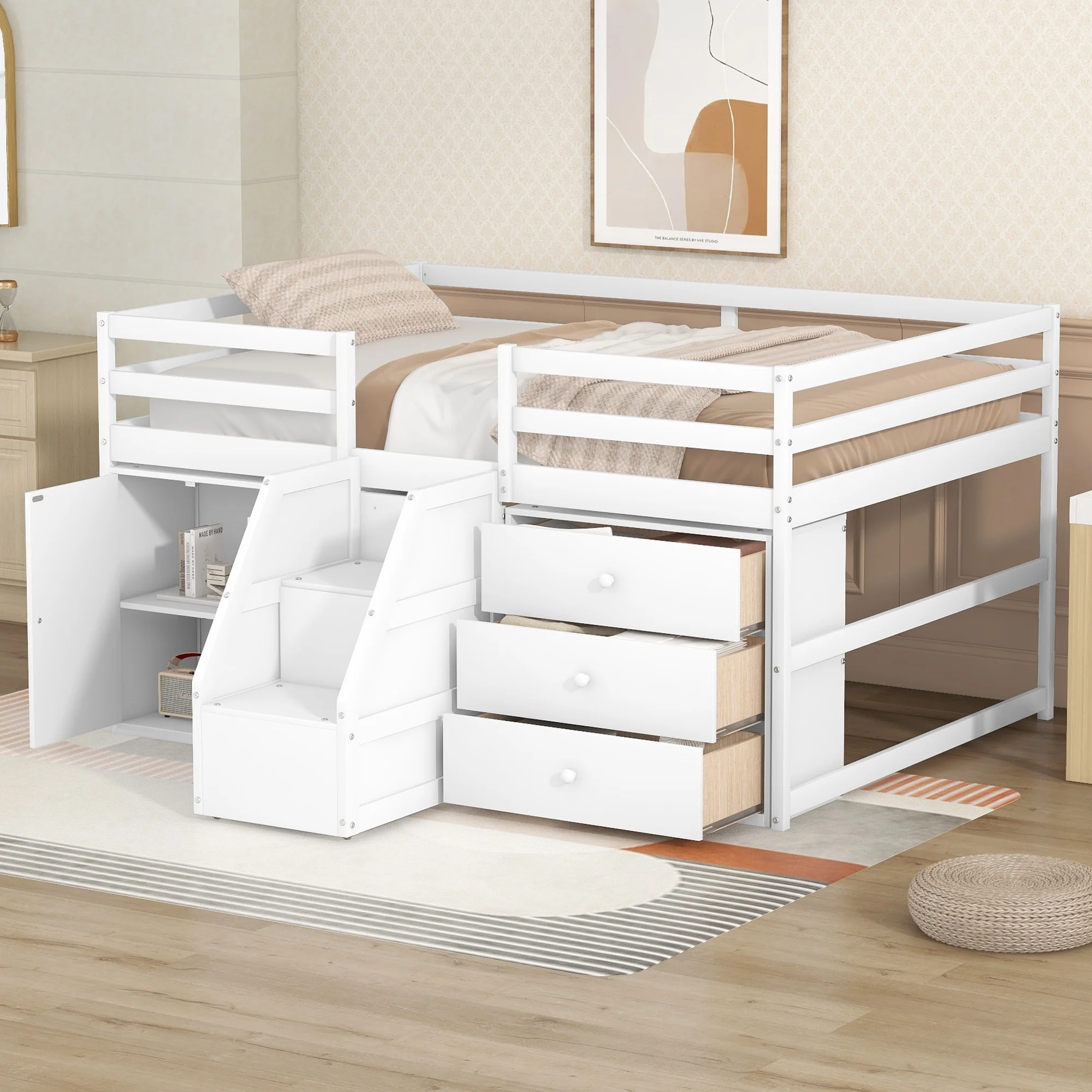 CoSoTower Full Size Functional Loft Bed with Cabinets and Drawers, Hanging Clothes At The Back of The Staircase, White