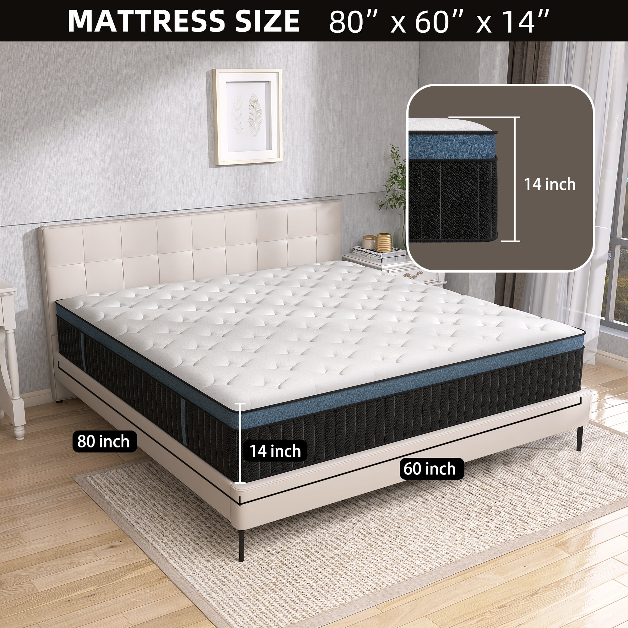 14 inch Queen Mattresses, Pocket Spring Hybrid Mattress with Gel Memory Foam for Cool Sleep,Medium Firm