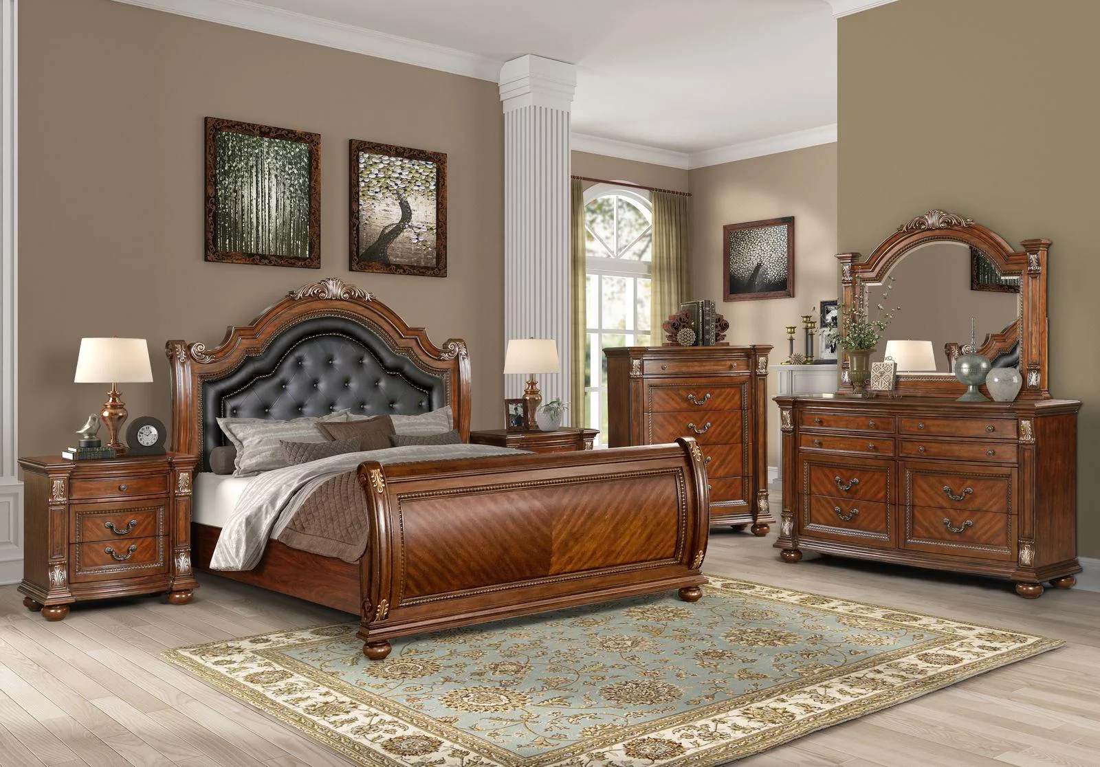 Caramel Finish Queen Bedroom Set 6Pcs Traditional Cosmos Furniture Viviana