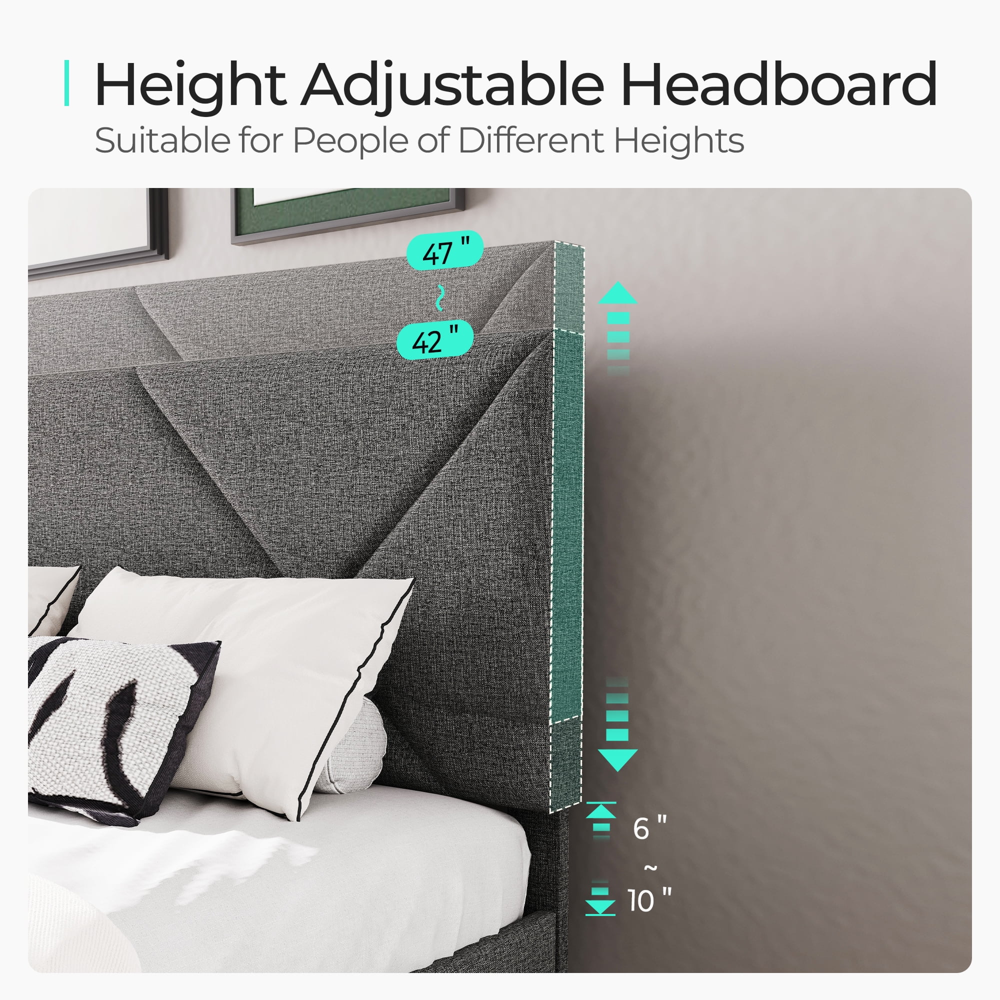 Linsy Home Queen Upholstered Platform Bed Frame with Height Adjustable Headboard, NO Box Spring Needed, Grey