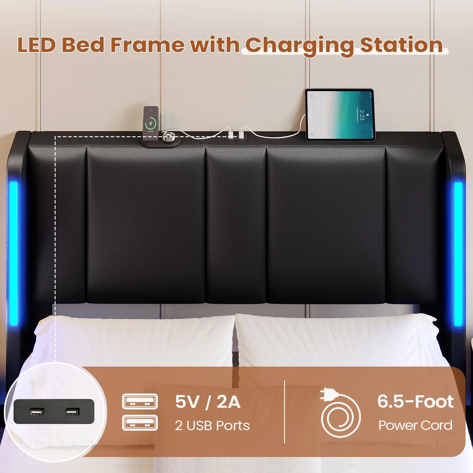 Floating Bed Frame Queen Size with LED Lights and 2 USB Charging Station, Faux Leather Upholstered Platform Bed Frame for Bedroom, No Box Spring Needed, Black