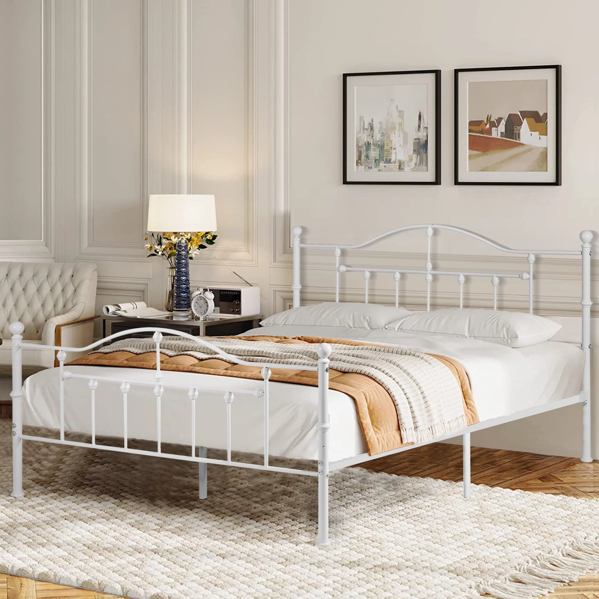 VECELO Queen Size Metal Platform Bed Frame with Victorian Headboard & Footboard, Strong Slat Support Platform Bed Frame, No Box Spring Needed, White