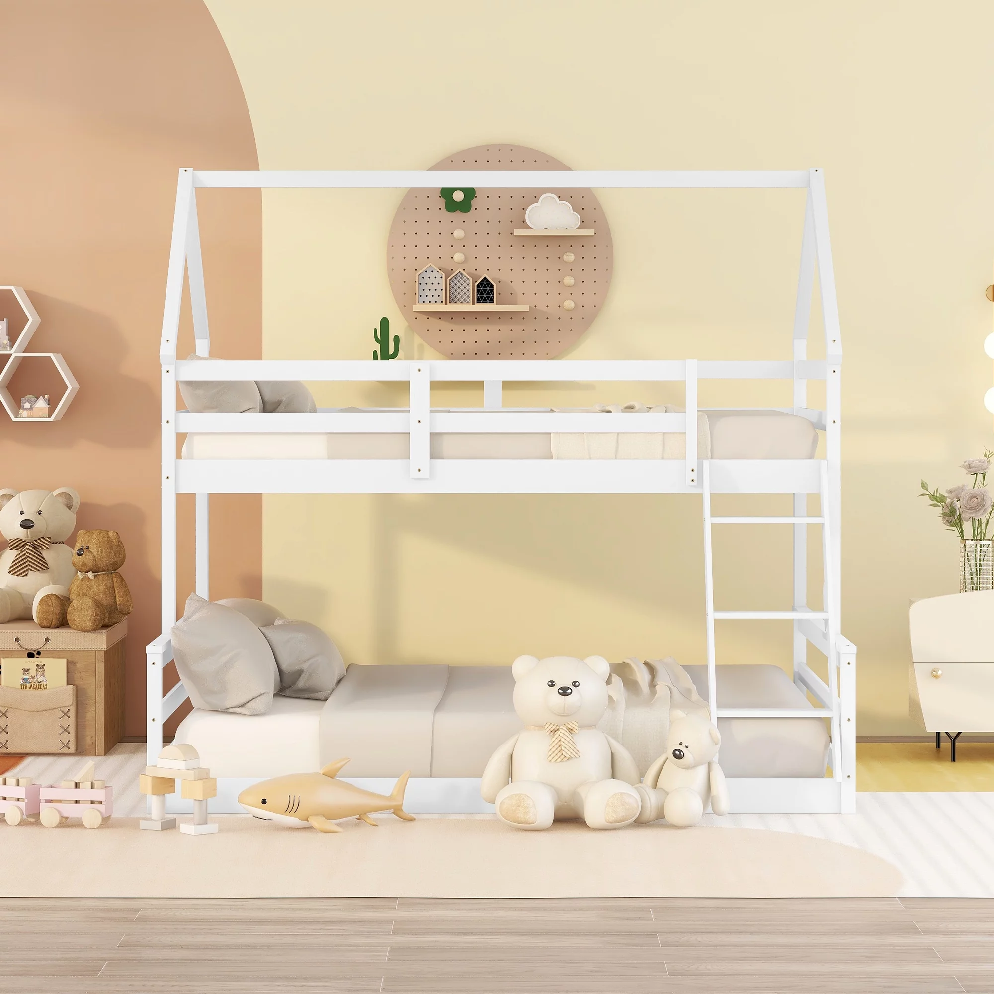 Bellemave Wood House Bunk Bed with Ladder, Low Twin over Full Bunk Bed for Kids, Girls & Boys, Separable Bunk Bed (White)