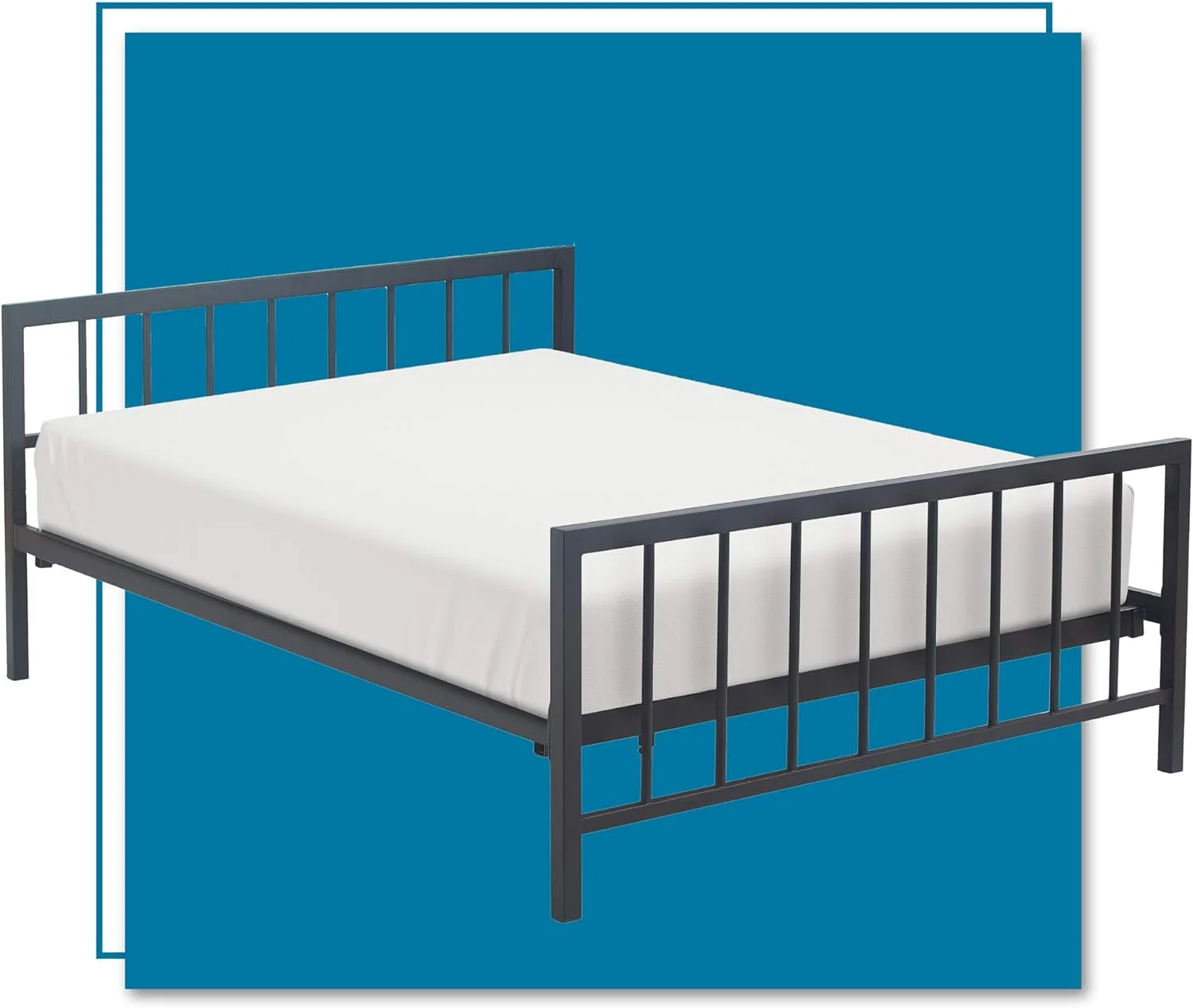 Platform Bed Frame With Matte Black Metal Headboard, Low Profile, Modern Design, Wood Slats Support, No Spring Box Needed, Queen