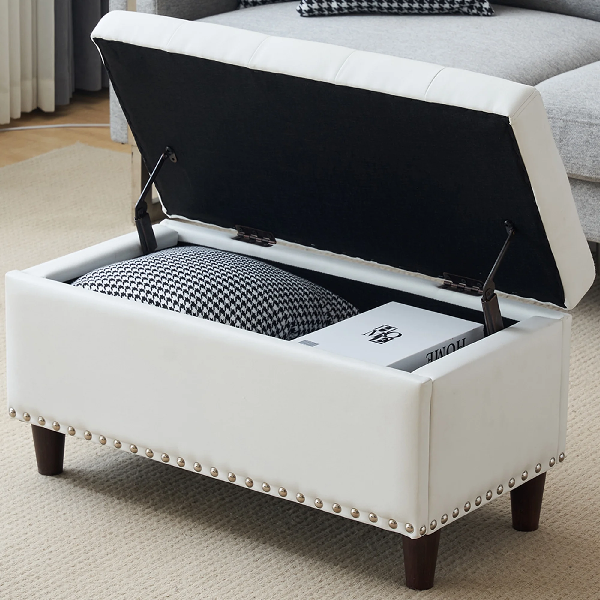 iRerts Storage Ottoman Bench, 31.5 Inches Entryway Bench with Storage, PU Upholstered End of Bed Ottoman Bench with Storage and Seating, Storage Bench for Bedroom Living Room Hallway, Off-White