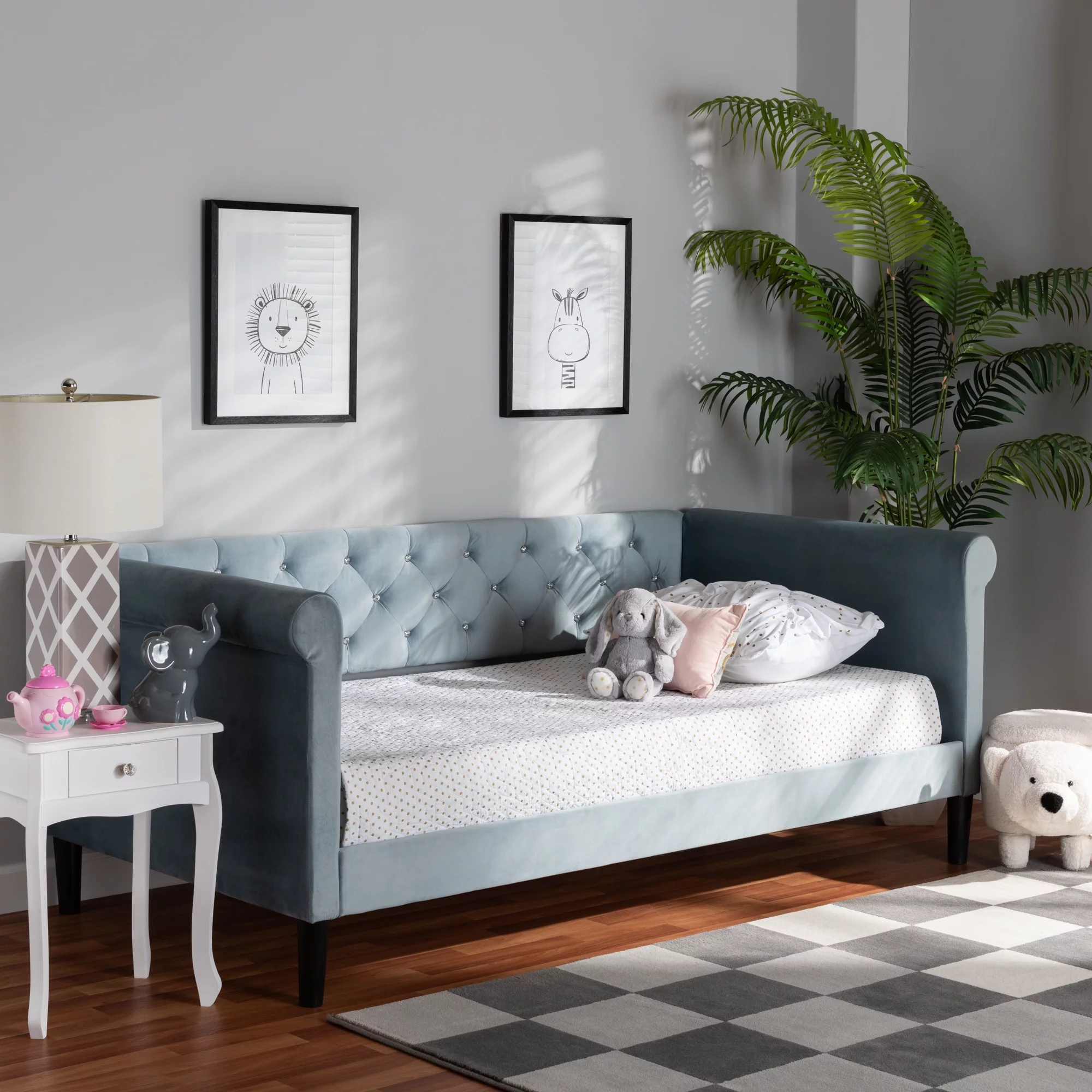 Baxton Studio Cora Modern and Contemporary Light Blue Velvet Fabric Upholstered and Dark Brown Finished Wood, Twin Size Daybed