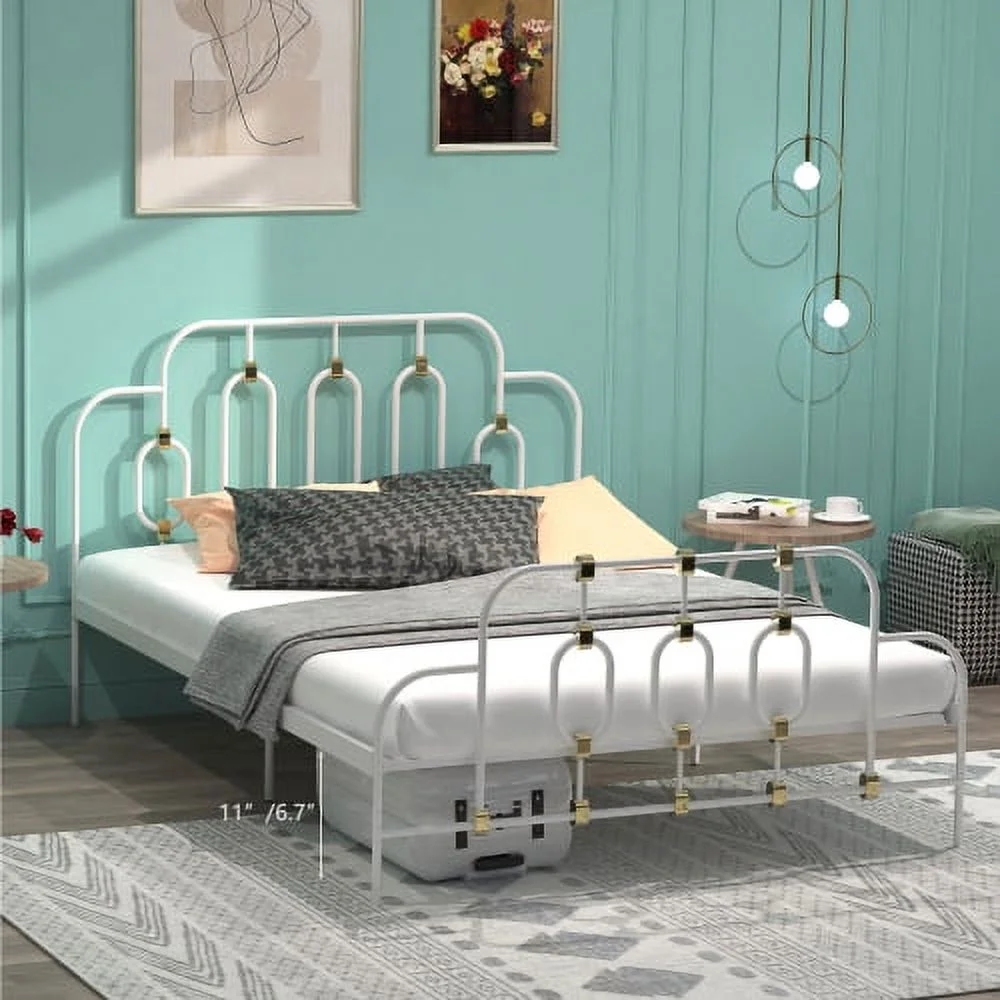 Metal Bed, White with Gold Details, Full