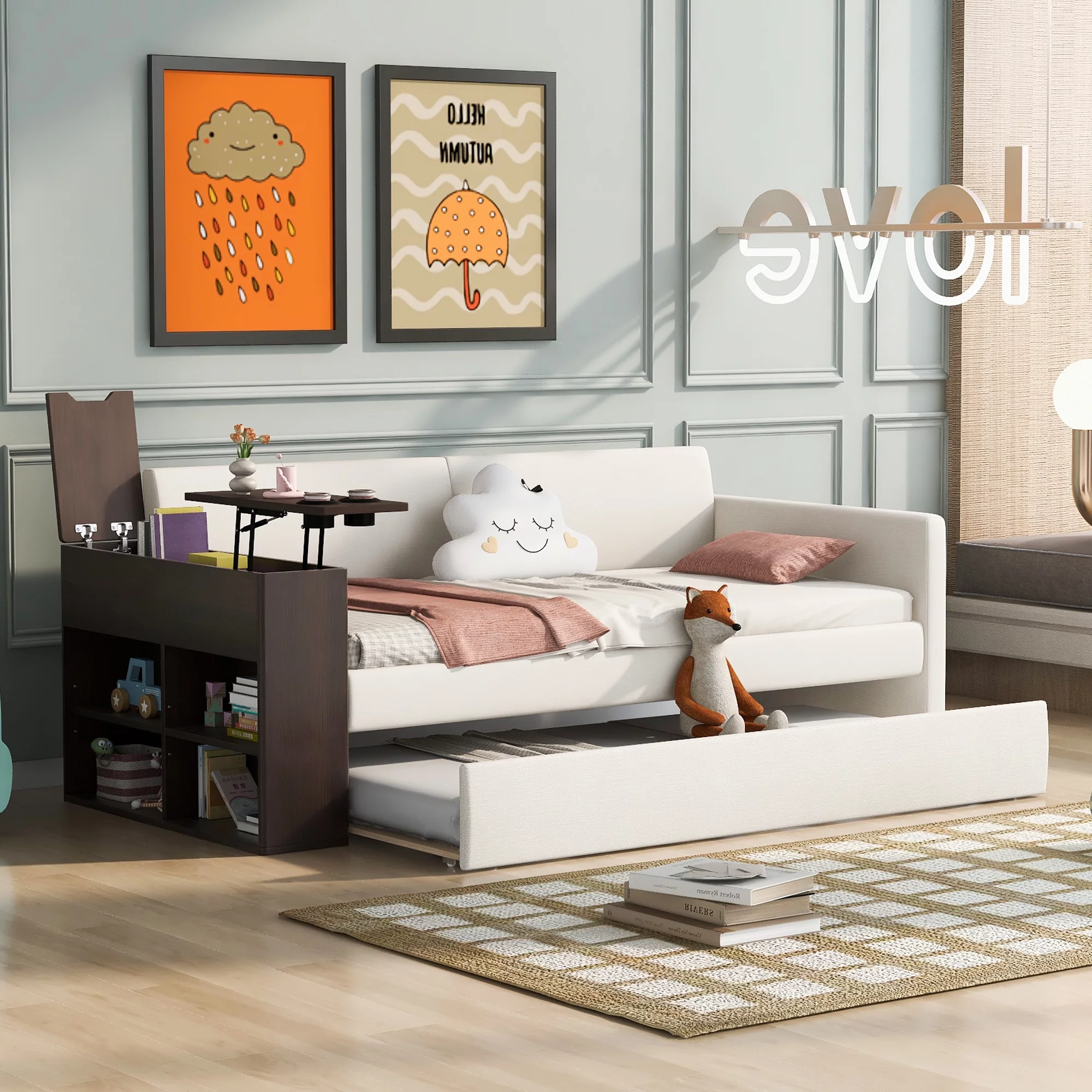 CoSoTower Twin Size Upholstery Daybed with Storage Arm, Trundle, Cup Holder and USB Design, Beige