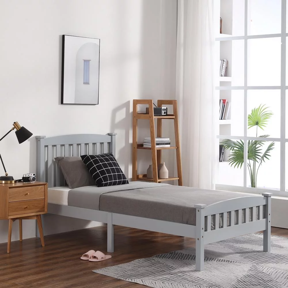Ktaxon Twin Bed Frame,Solid Pine Wood Kids Twin Platform Bed Frame, Bedroom Twin Bed with Headboard for Adults, Gray
