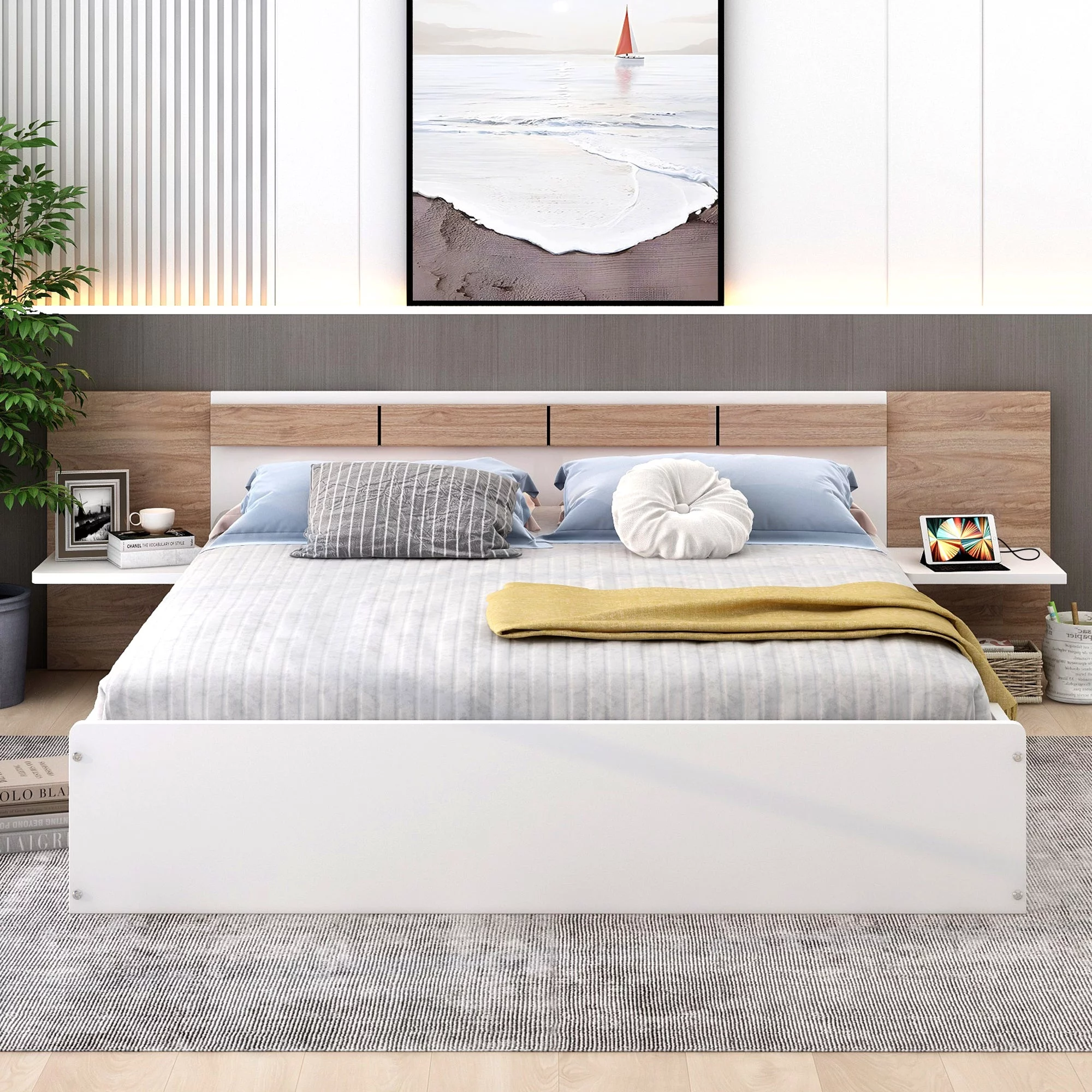 Queen Size Platform Bed with Headboard, Shelves, USB Ports and Sockets,