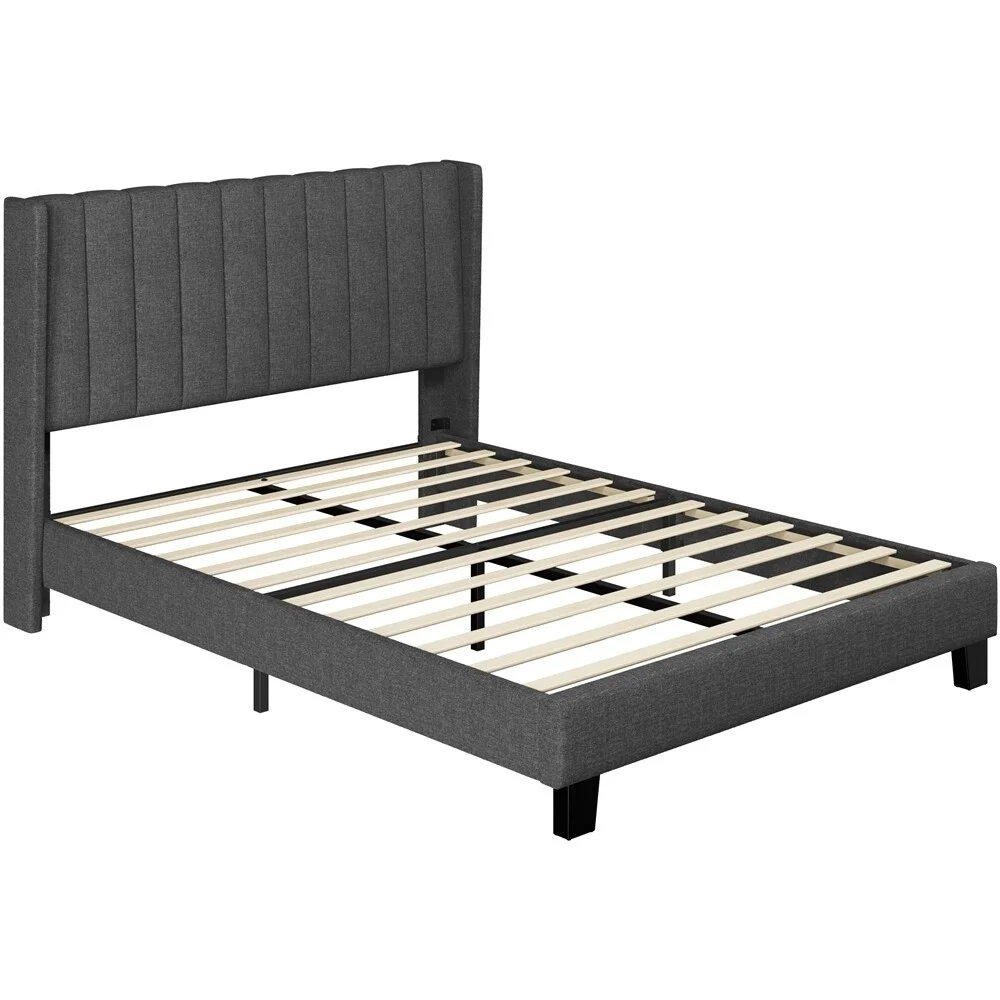 Yaheetech Upholstered Bed Frame with Wing Side Fabric Upholstered Bed with Headboard Dark Gray Full