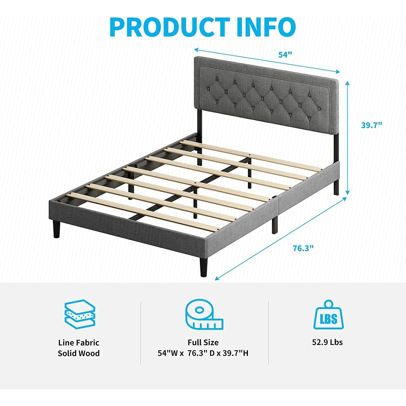 Mixoy Full/Queen/King Size Flat Bed Frame, Linen Fabric Upholstered Headboard with Button Tufted for Bedroom Apartment Dark Grey - Queen