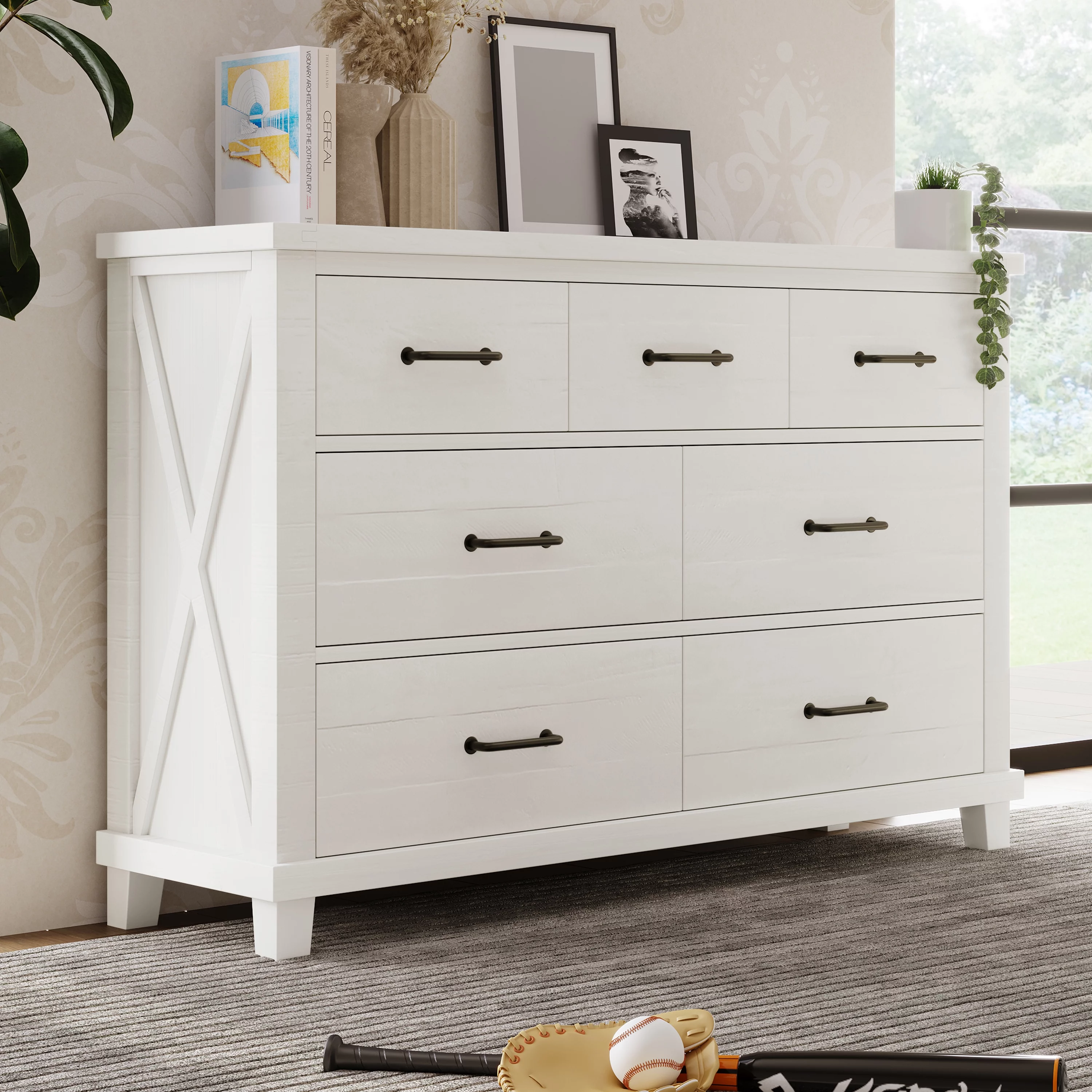 Rustic Farmhouse Style Solid Pine Wood Seven-Drawer Dresser for Living Room, Bedroom,White