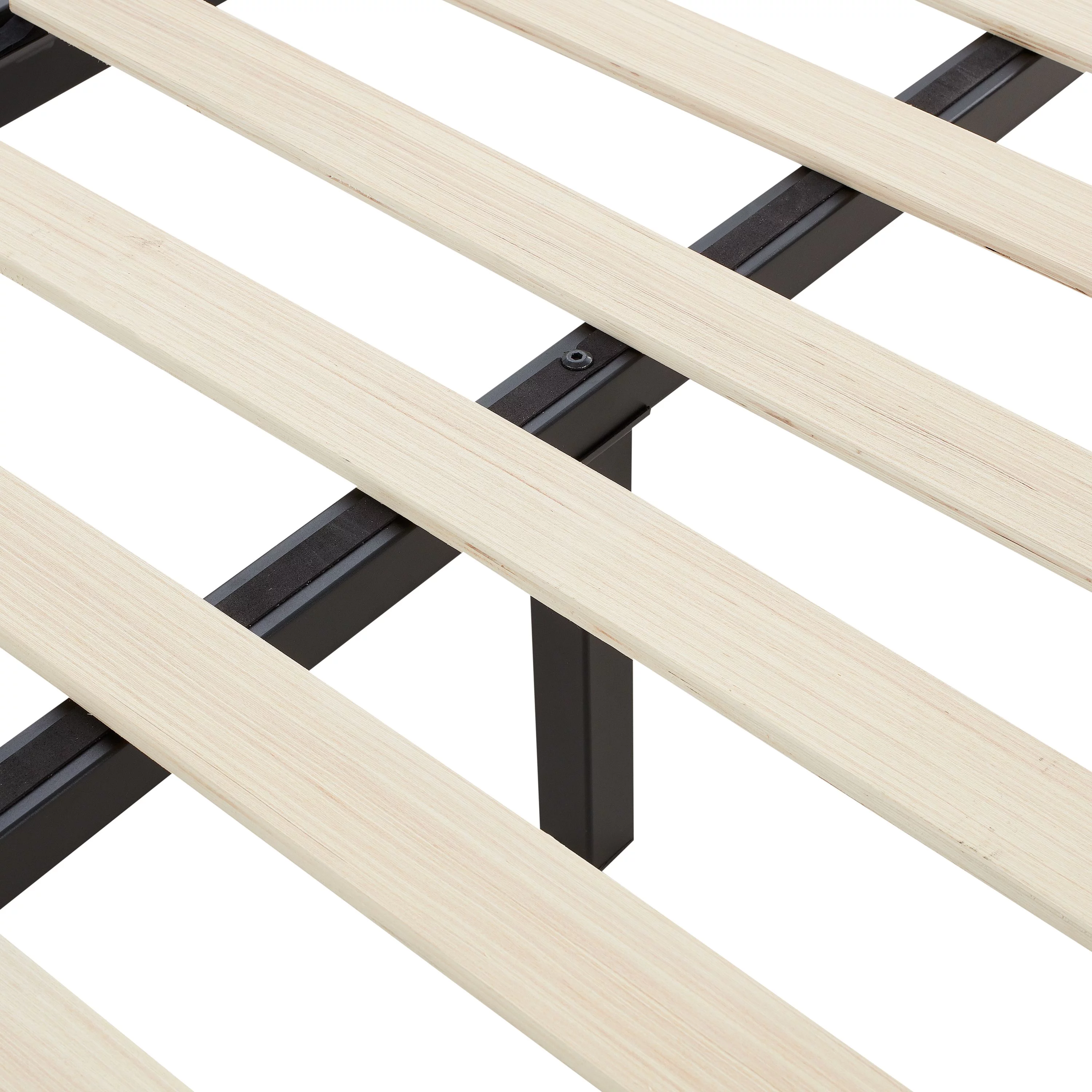 Mainstays Wood Slat Black Metal Platform Bed Frame with Wood Legs, Queen