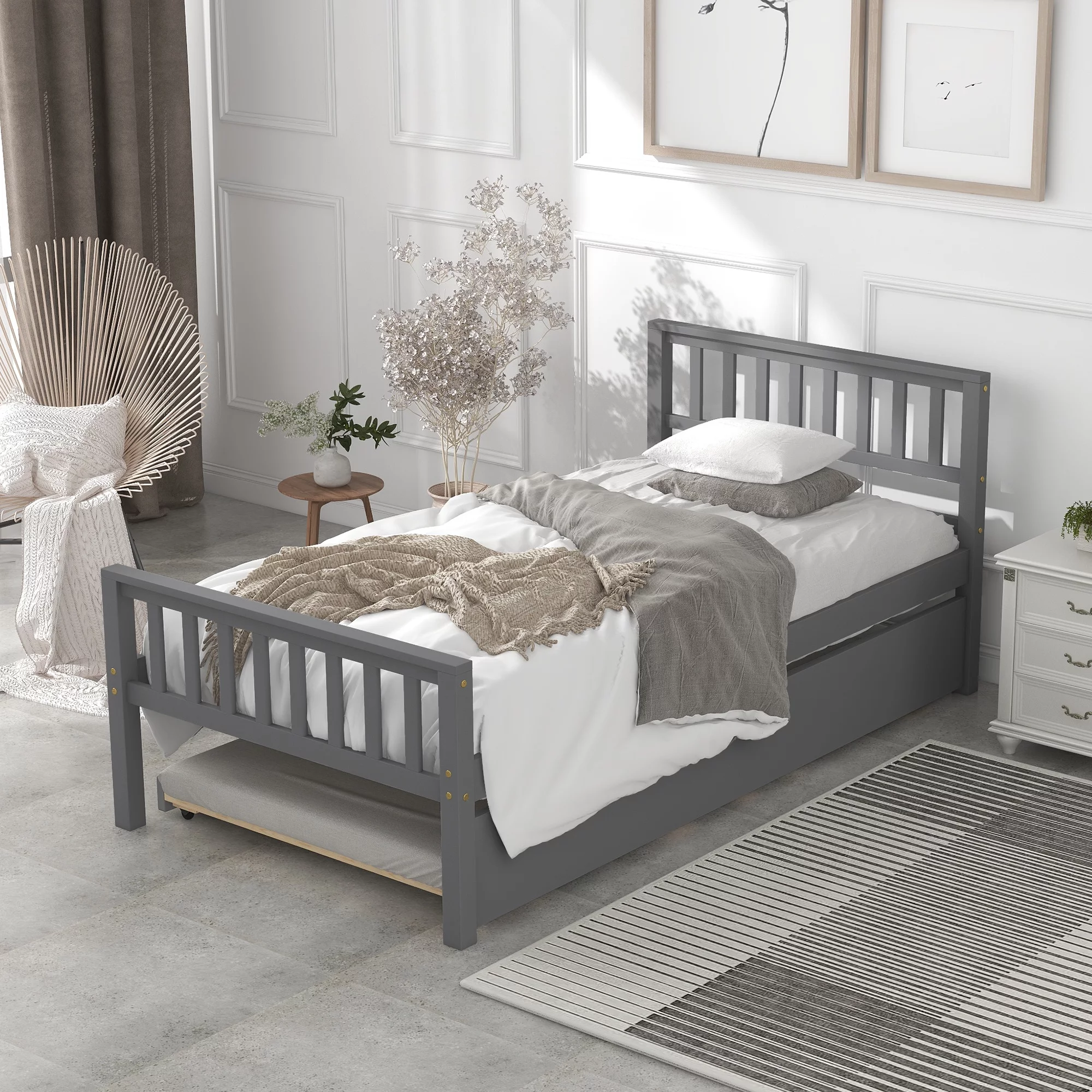 CoSoTower Twin Bed With Trundle, Platform Bed Frame With Headboard And Footboard, For Bedroom Small Living Space, No Box Spring Needed, Grey