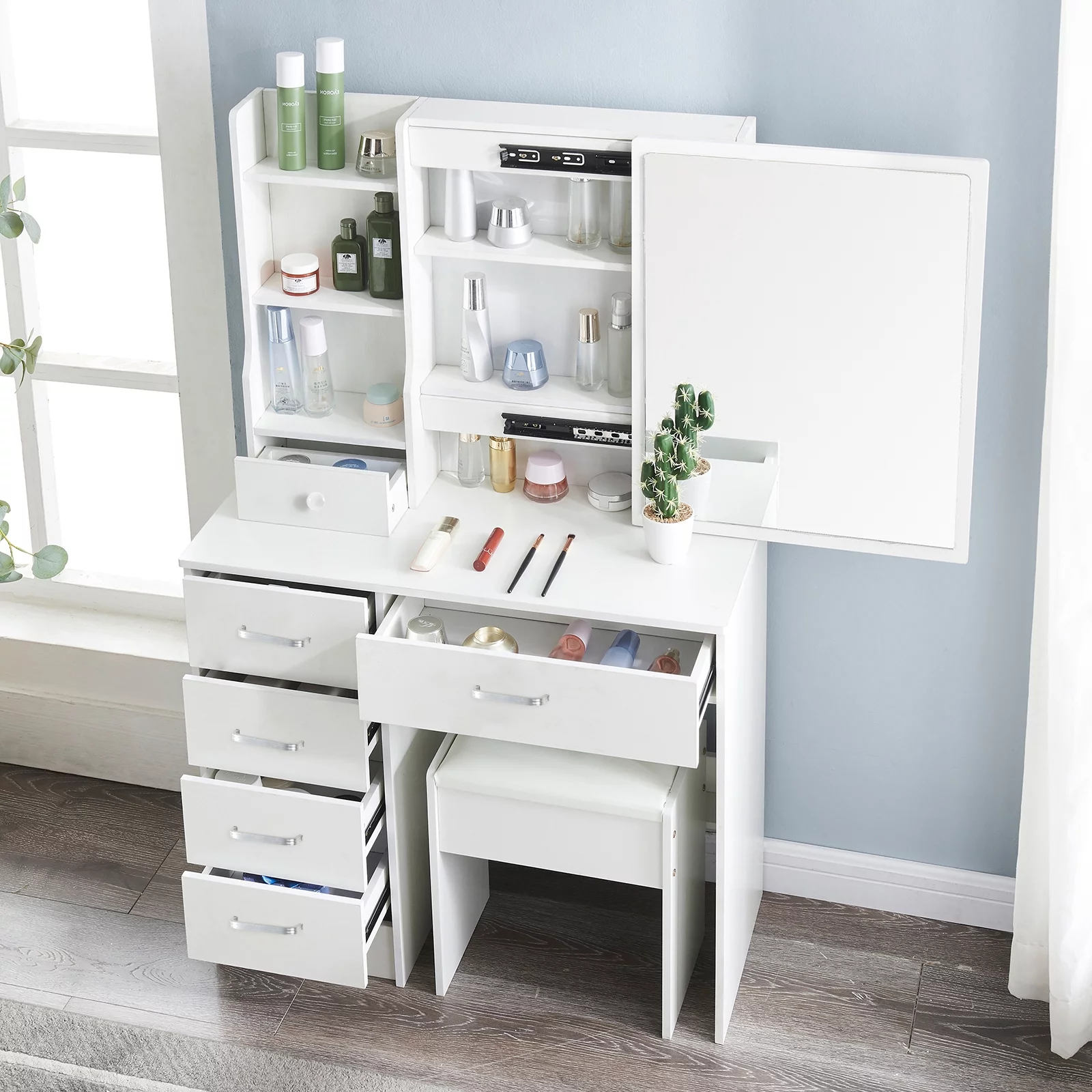 JBLCC Modern Vanity Set with Lighted Mirror, Makeup Table with Drawers, Dressing Table Makeup Desk with Stool, White