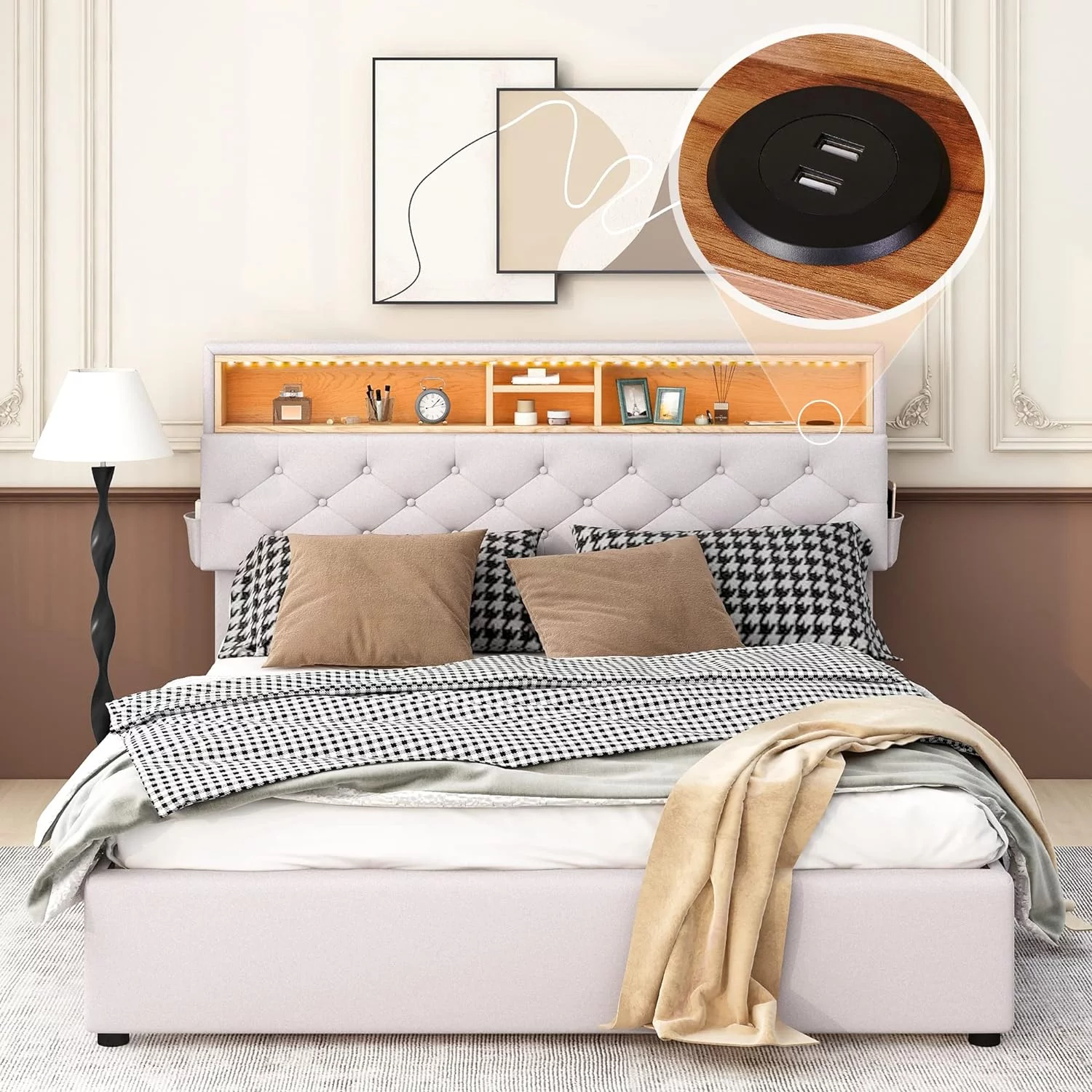 Upholstered Quee Size Platform Bed With Storage Headboard Ad USB Port, Wood Quee LED Bed Frame With 2 Drawers For Kids Tees Girls Boys (Quee,Beige)