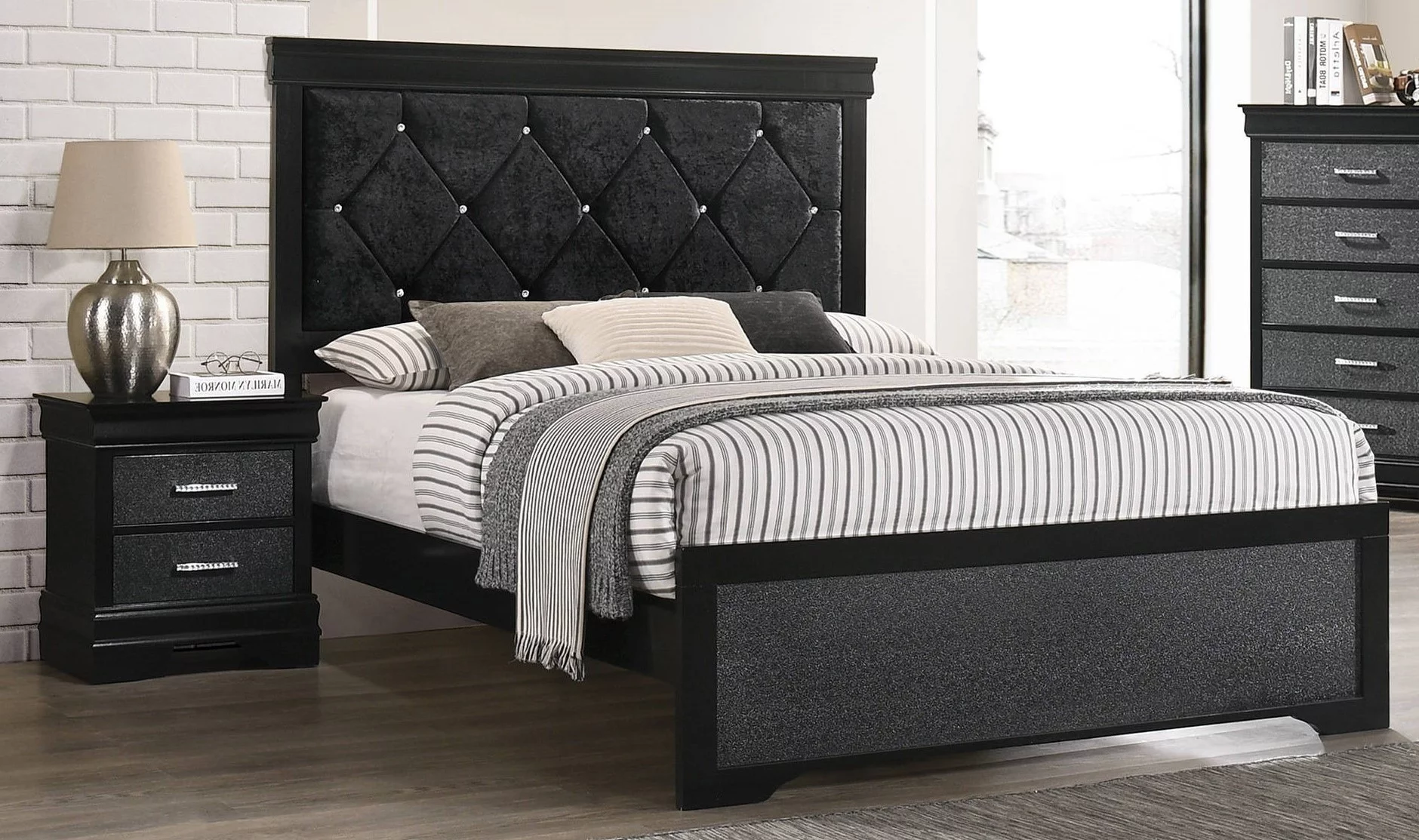 3Pc Black Finish Twin Size Panel Upholstered Button Tufted Headboard Bed Nightstand Set Wooden Bedroom Furniture