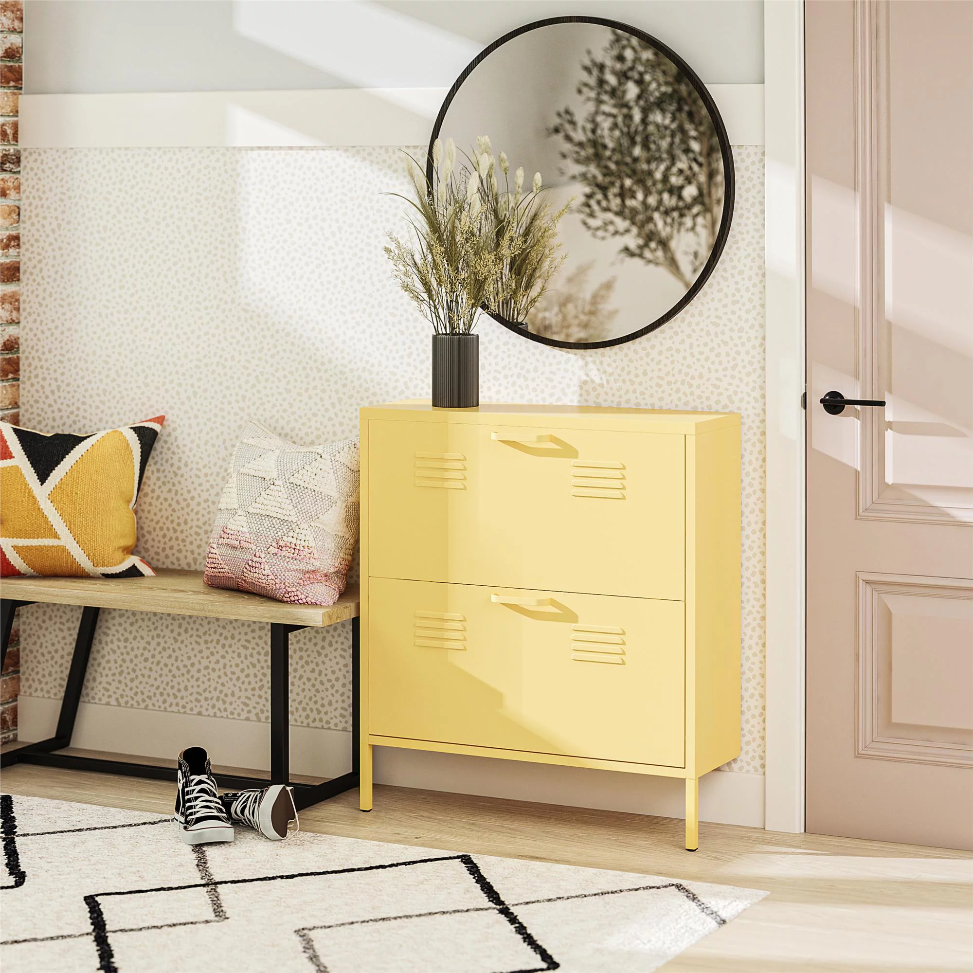 Novogratz Cache 2 Door Locker Style Metal Shoe Storage Cabinet, Yellow