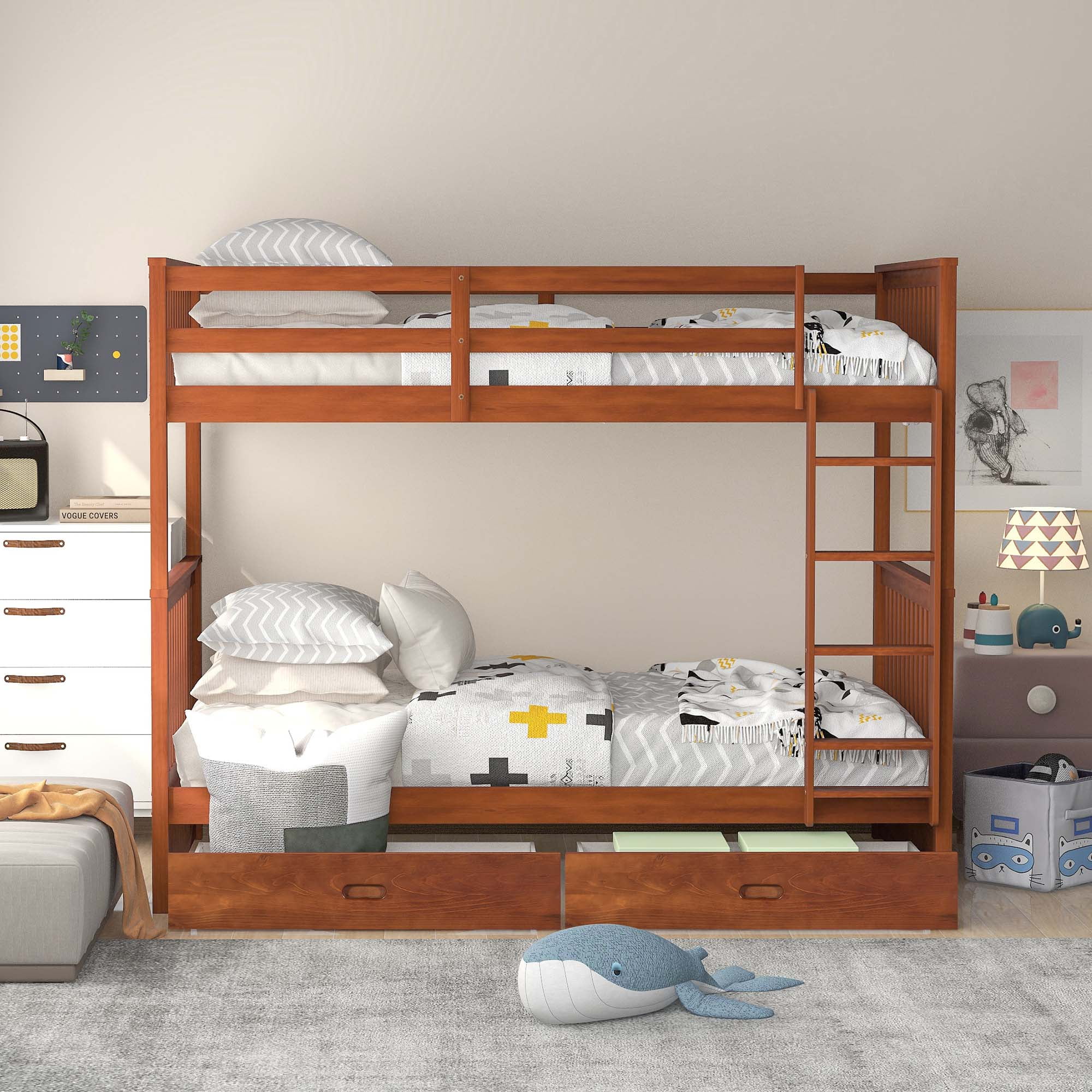 Aukfa Twin over Twin Bunk Bed with Two Storage Drawers, Wood Convertible Two Bed for Kids Teens - Walnut