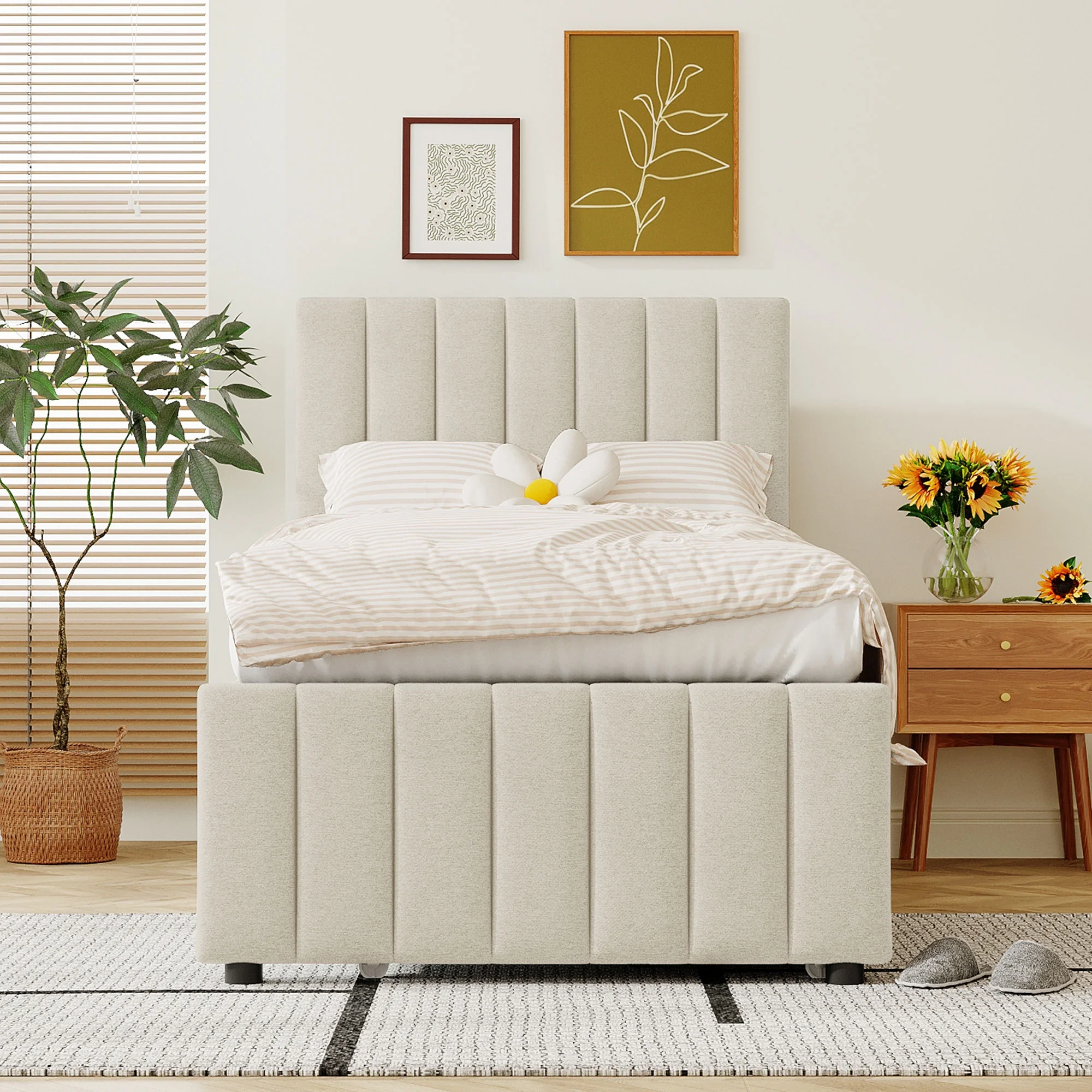 Bellemave Twin Bed with Trundle and Storage, Upholstered Platform Bed with 3 Drawers, Wood Twin Bed Frame with Tuffted Headboard for Kids Teens Adult Bedroom (Beige)