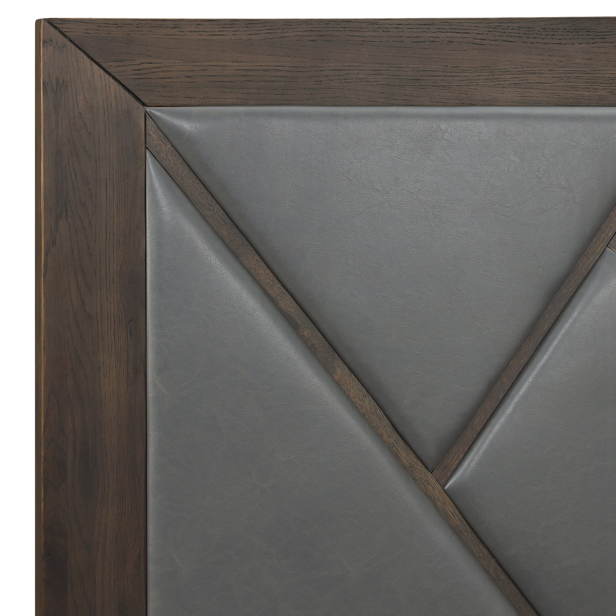 Marquis Queen Size Platform Bed Frame in Oak Wood with Faux Leather Headboard and Black Metal Legs