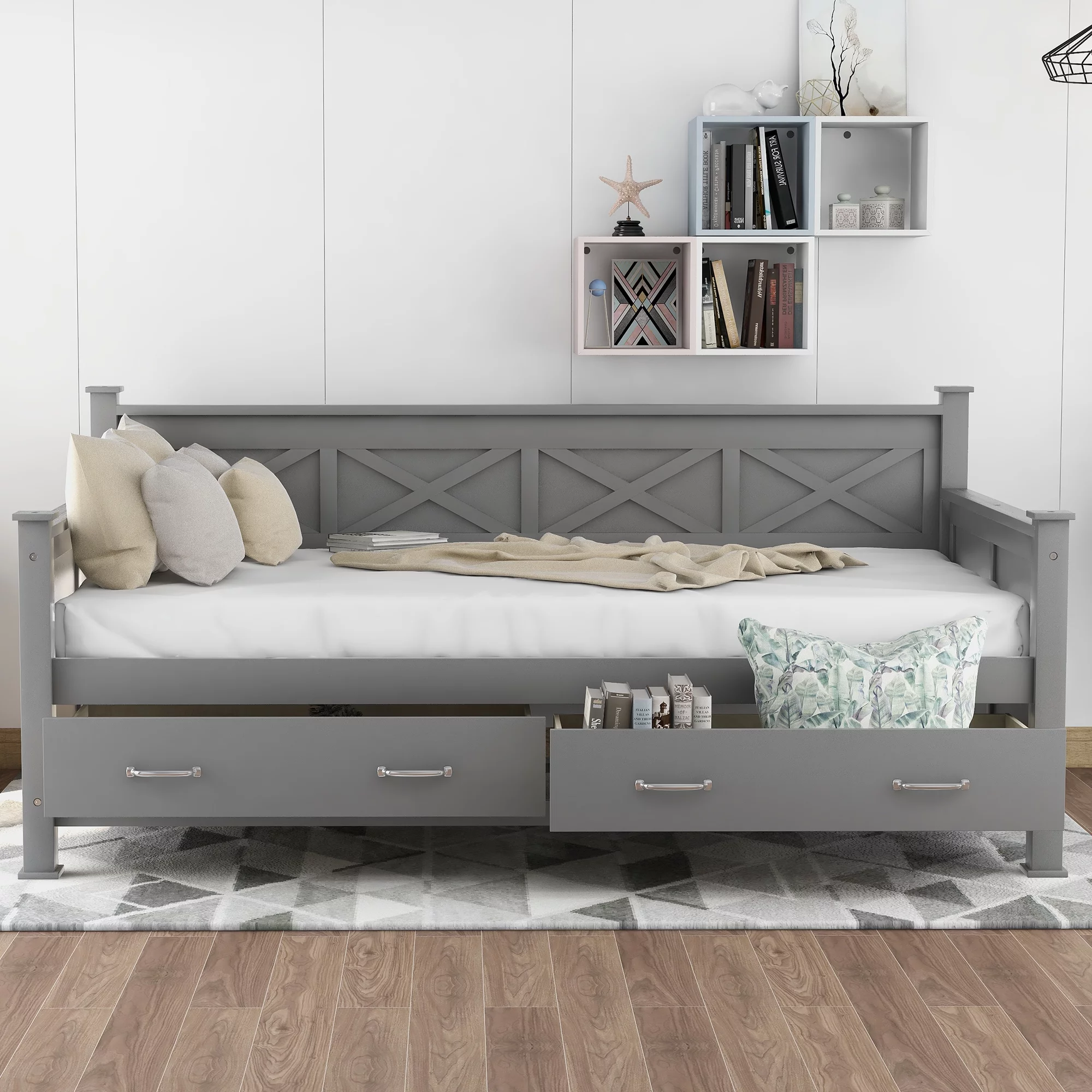 Euroco Wood X-Shaped Twin Daybed with Two Storage Drawers for Kids Bedroom, Gray