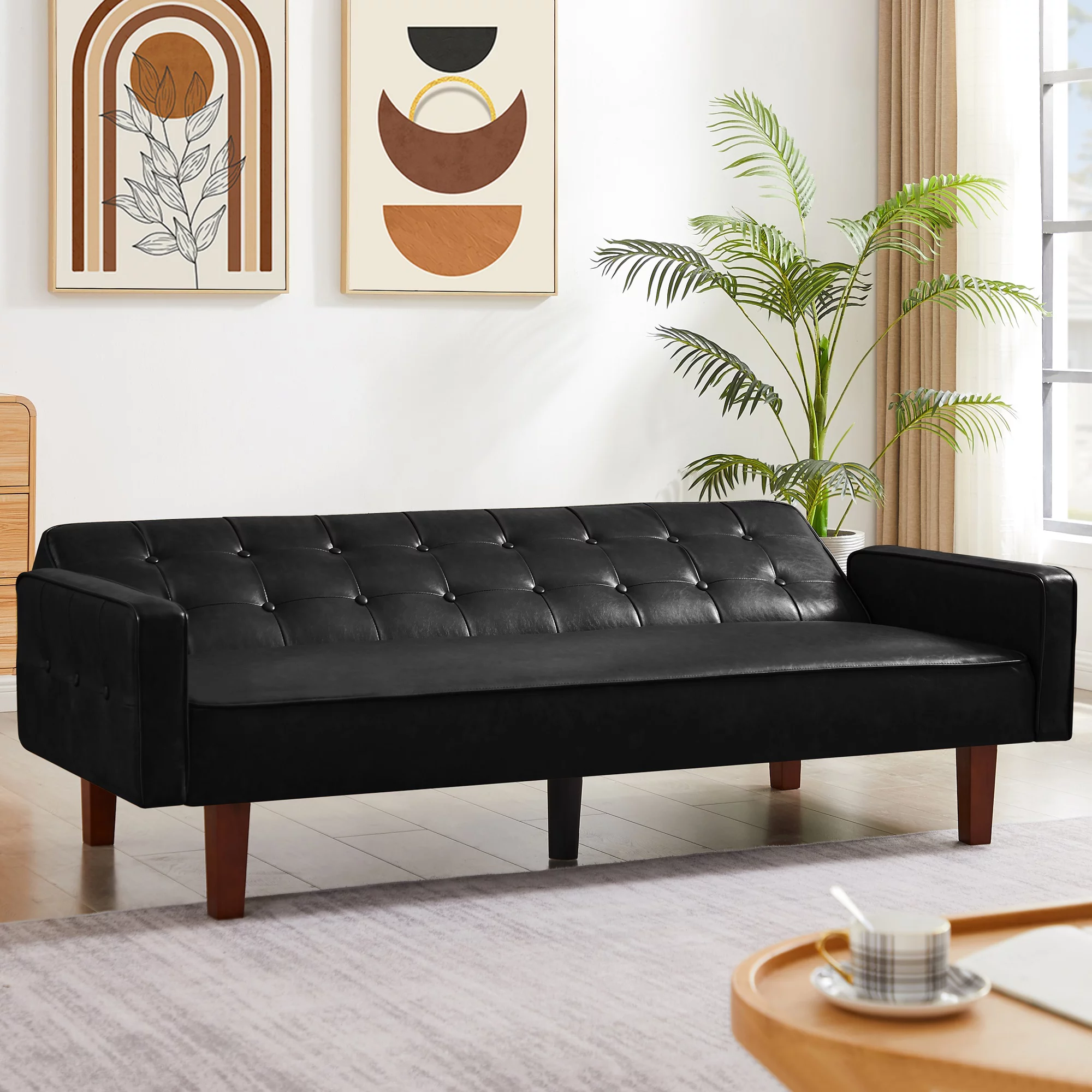 Lemacte Black Faux Leather Futon Sofa Couch,Button Tufted Convertible Sleeper Sofa Bed for Small Spaces, Living Room, Bedroom