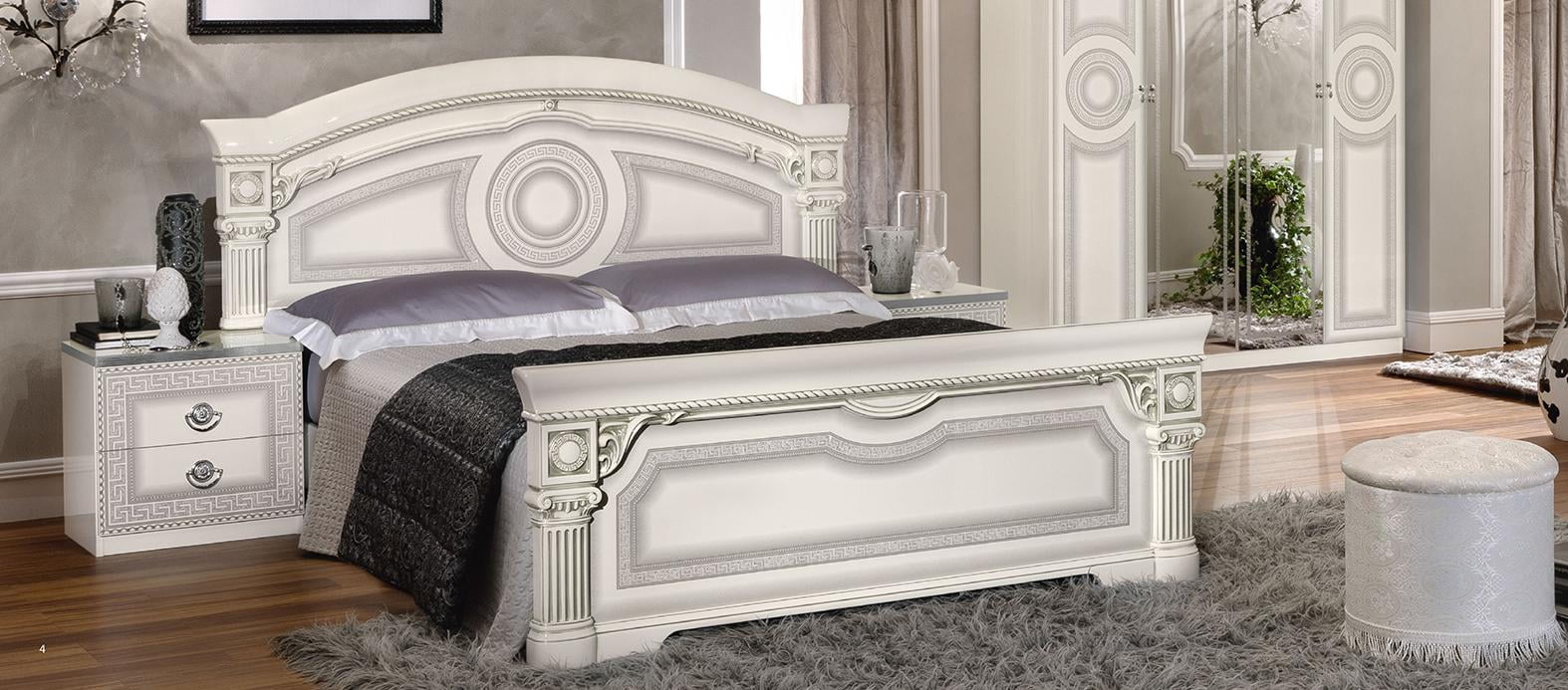 ESF Aida Glossy White Silver Lacquer Finish Queen Panel Bed Made in Italy