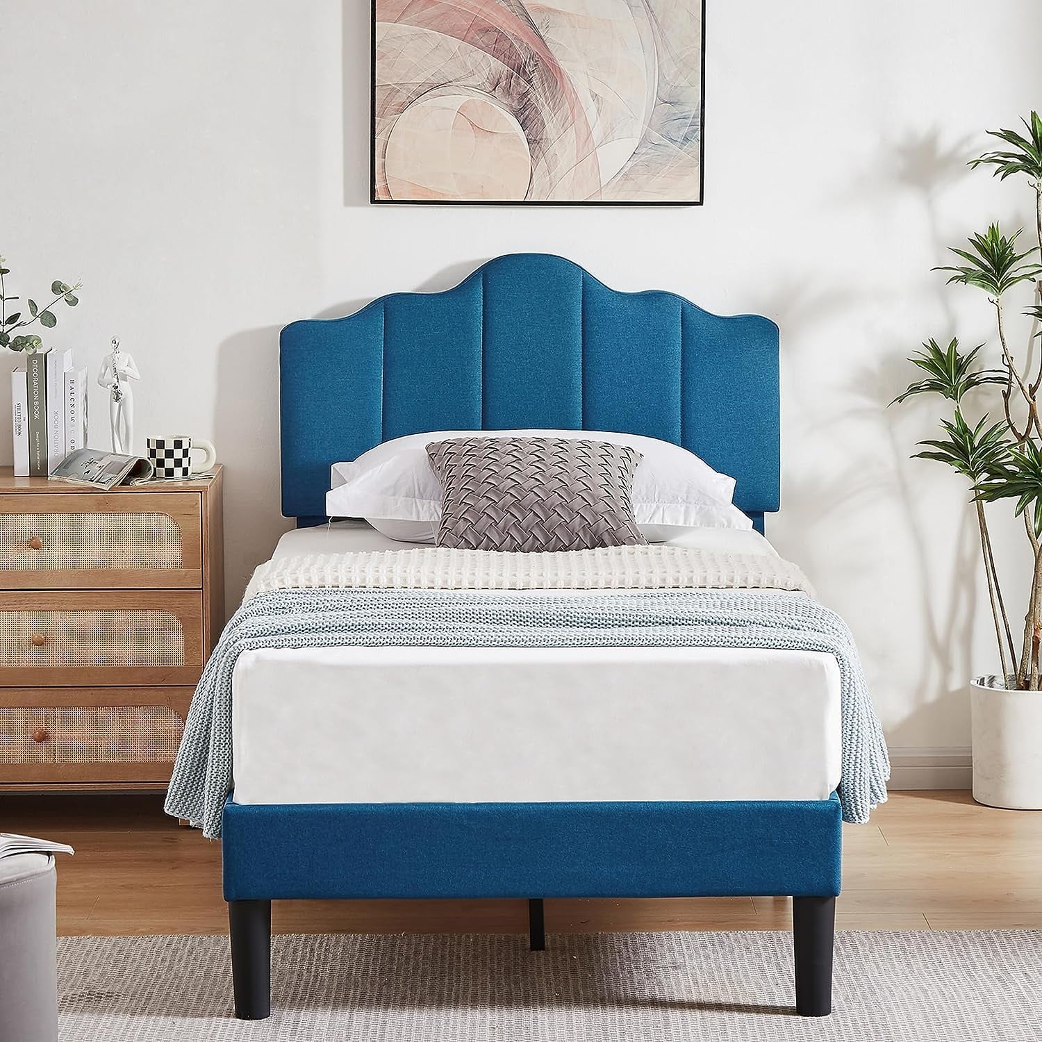 Taomika, Twin Size Modern Upholstered Platform Bed with Adjustable Headboard, Blue