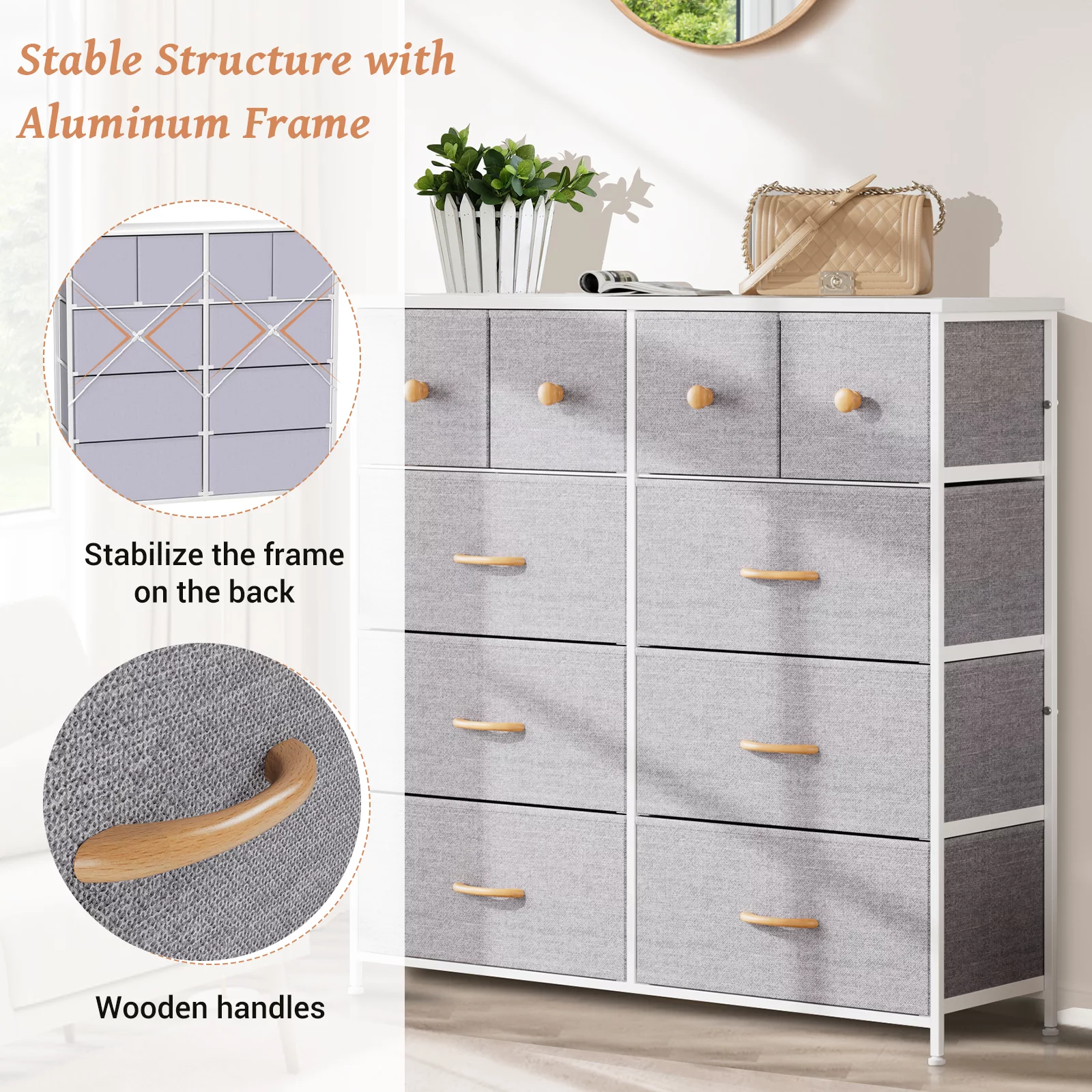 Nicehill 10 Drawer White Dresser for Bedroom ,Tall Chest with Wooden Top & Aluminum Alloy Frame, Storage Dresser