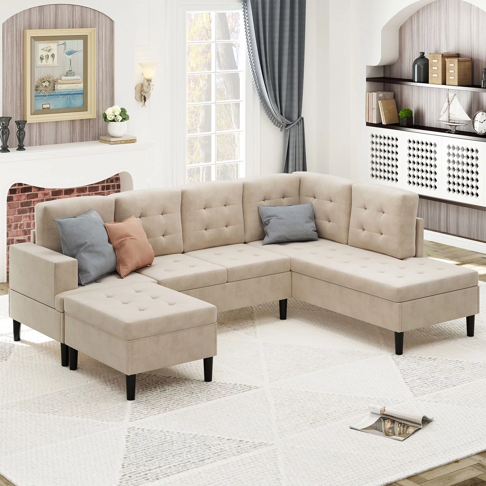 BALUS Modular Sectional Couch, U Shaped Modular Sofa with Storage Ottoman, Modern Convertible Sectional Sofa Set with Chaise Lounge for livingroom, office, Livingroom Furniture, Beige