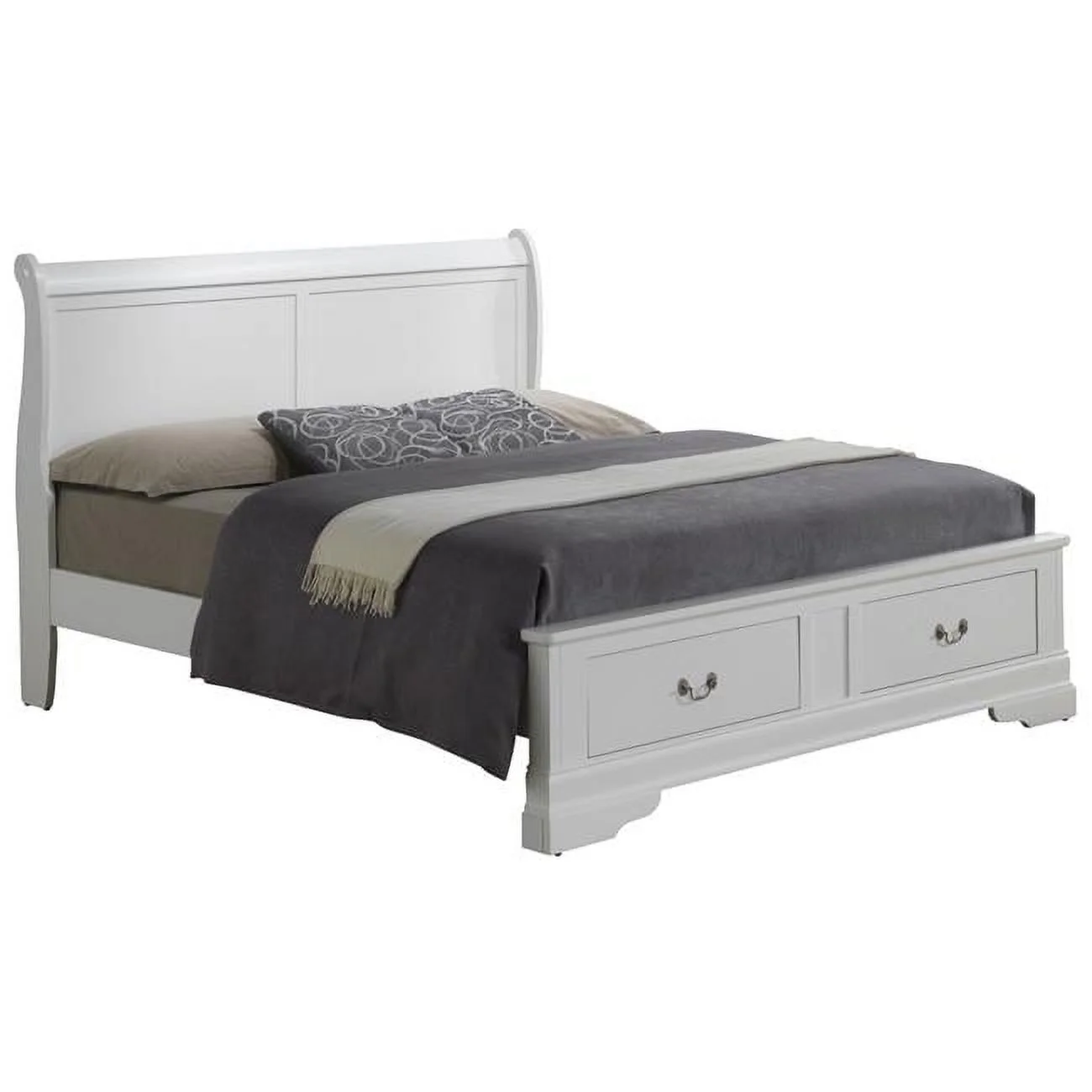 Passion Furniture Louis Philippe Storage Sleigh Bed with 2 Drawers, White - Full Size