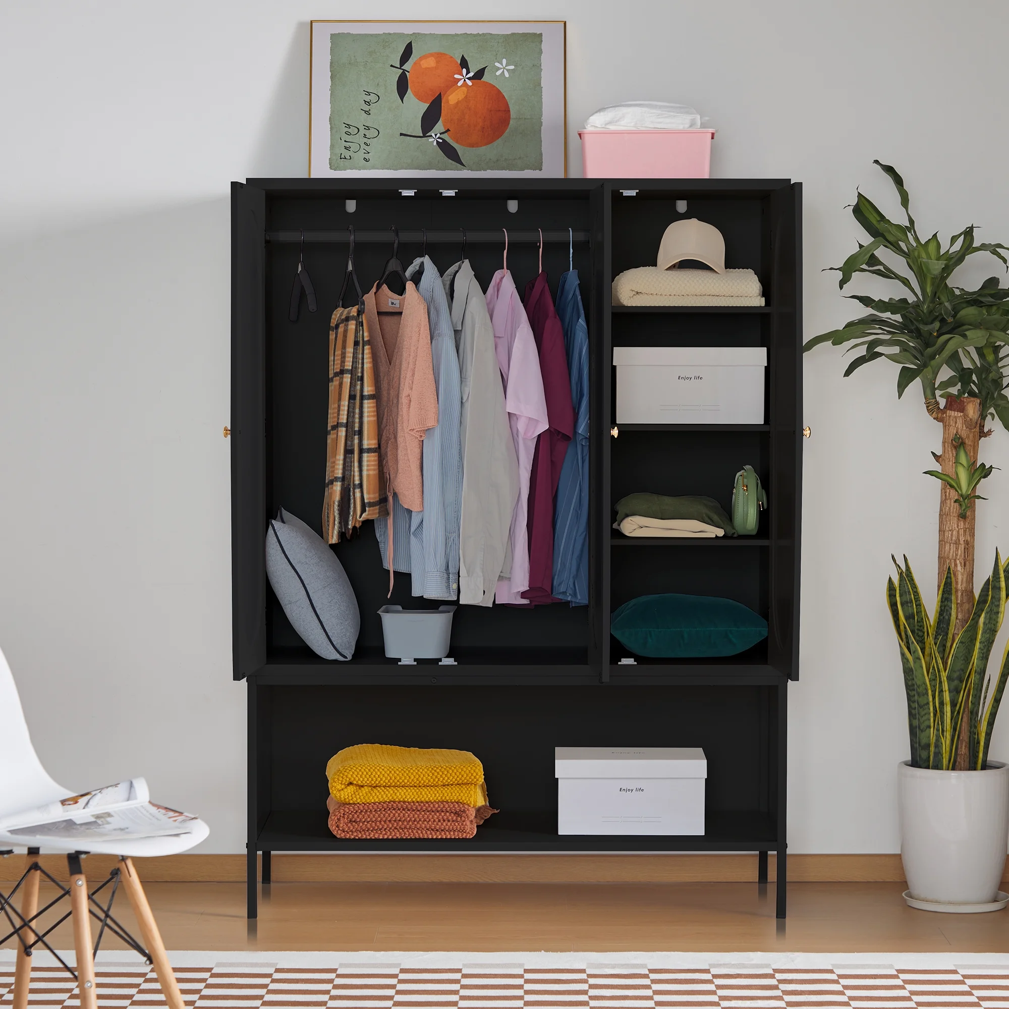 Giratree Wardrobe Closet with 3 Rattan Doors and Shelves Wooden, Closet Organizers and Storage Shelves with Hanger Rod, Black, 47.24